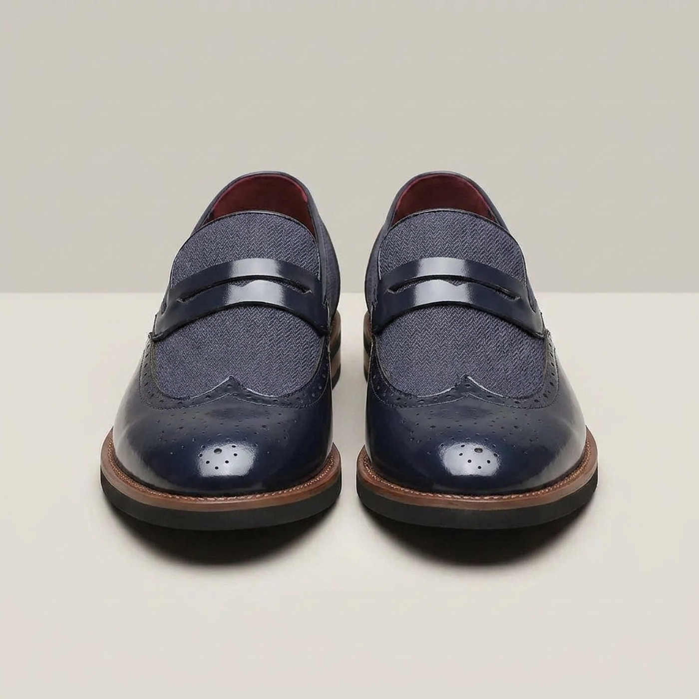 PLUXSTYLE::numise::mens-brogue-penny-loafers::pack-navy-blue