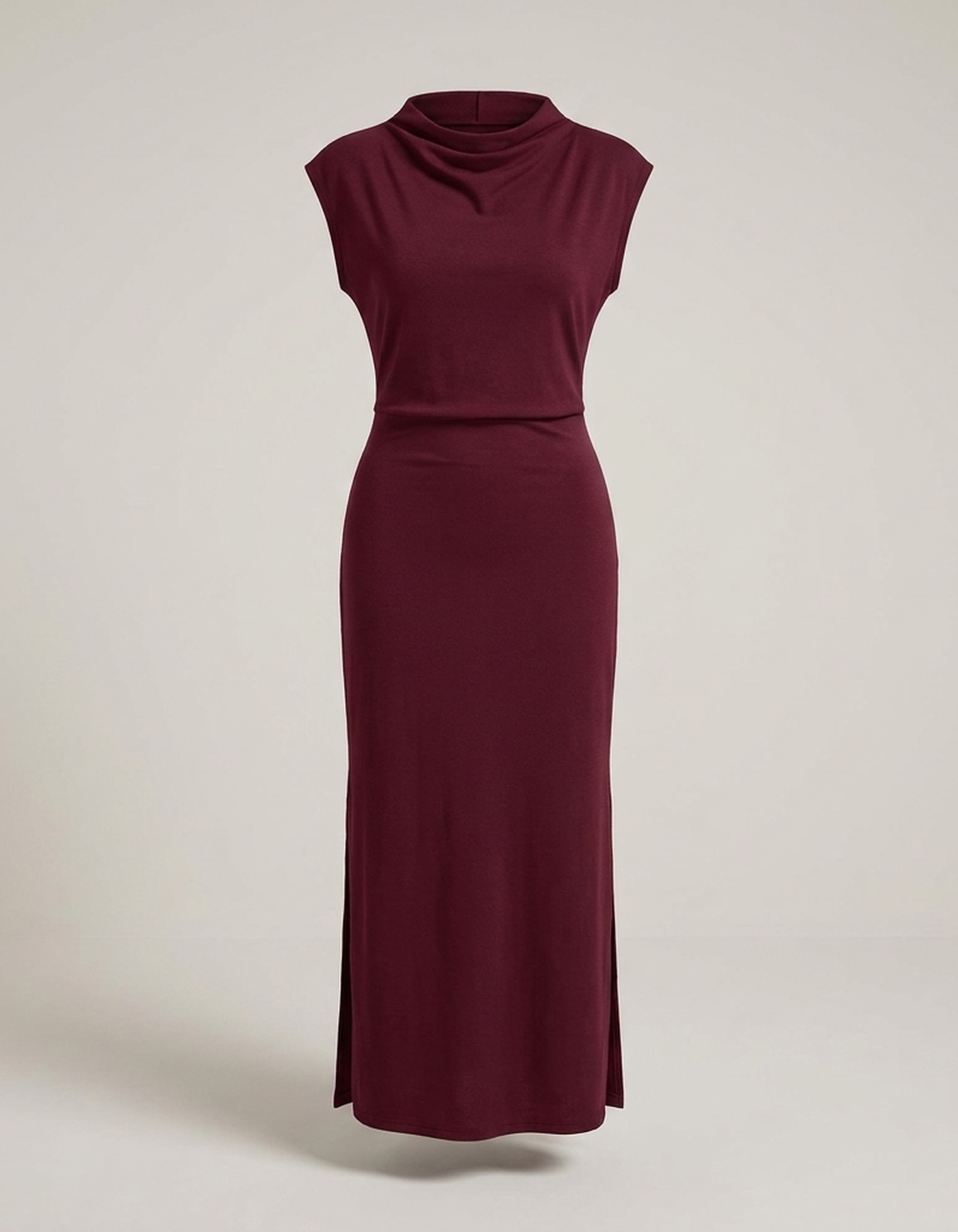 PLUXSTYLE::numise::sleeveless-draped-neck-midi-dress::pack-burgundy