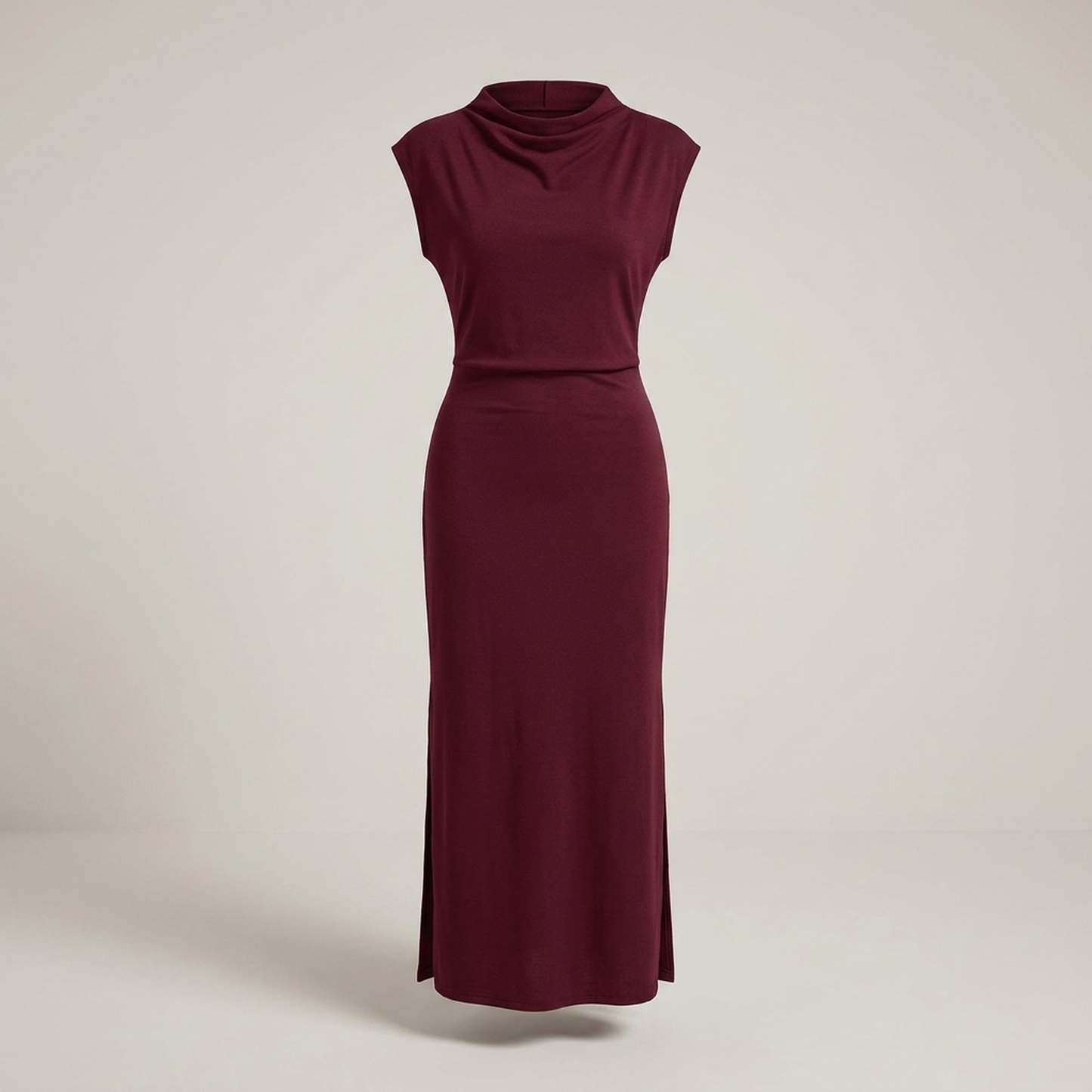 PLUXSTYLE::numise::sleeveless-draped-neck-midi-dress::pack-burgundy