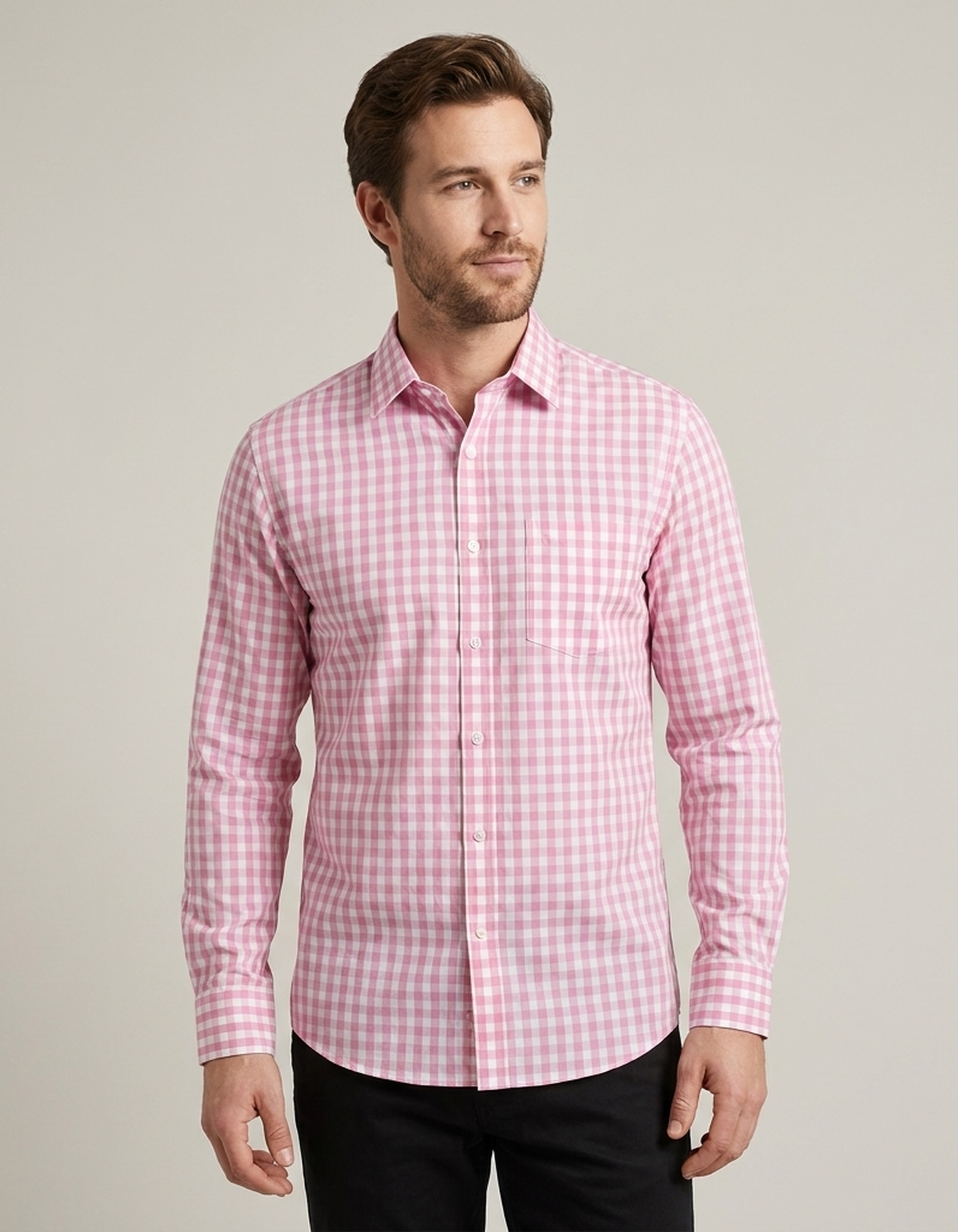 PLUXSTYLE::numise::mens-pink-plaid-long-sleeve-top::front