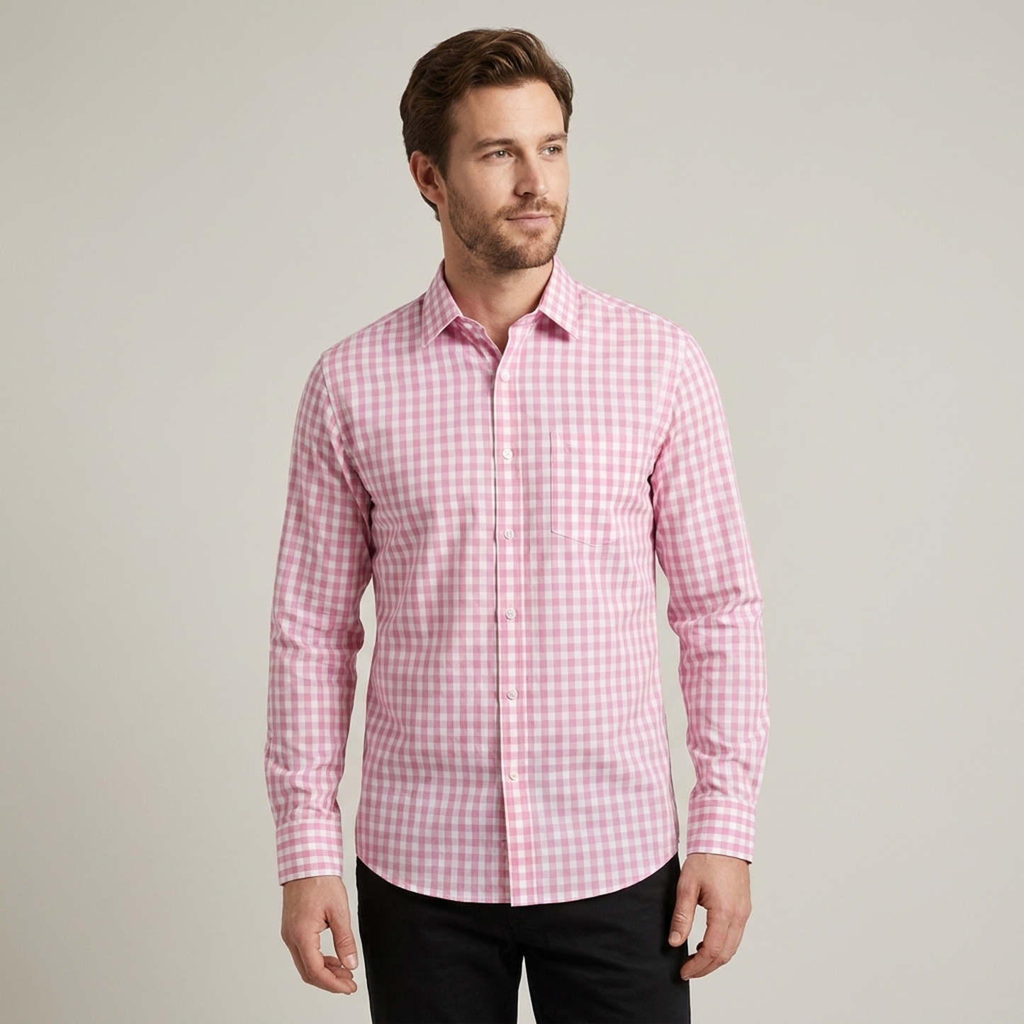 PLUXSTYLE::numise::mens-pink-plaid-long-sleeve-top::front
