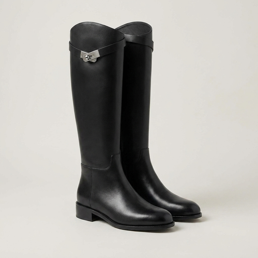 PLUXSTYLE::numise::aveline-metal-accent-riding-boots::closeup-detail