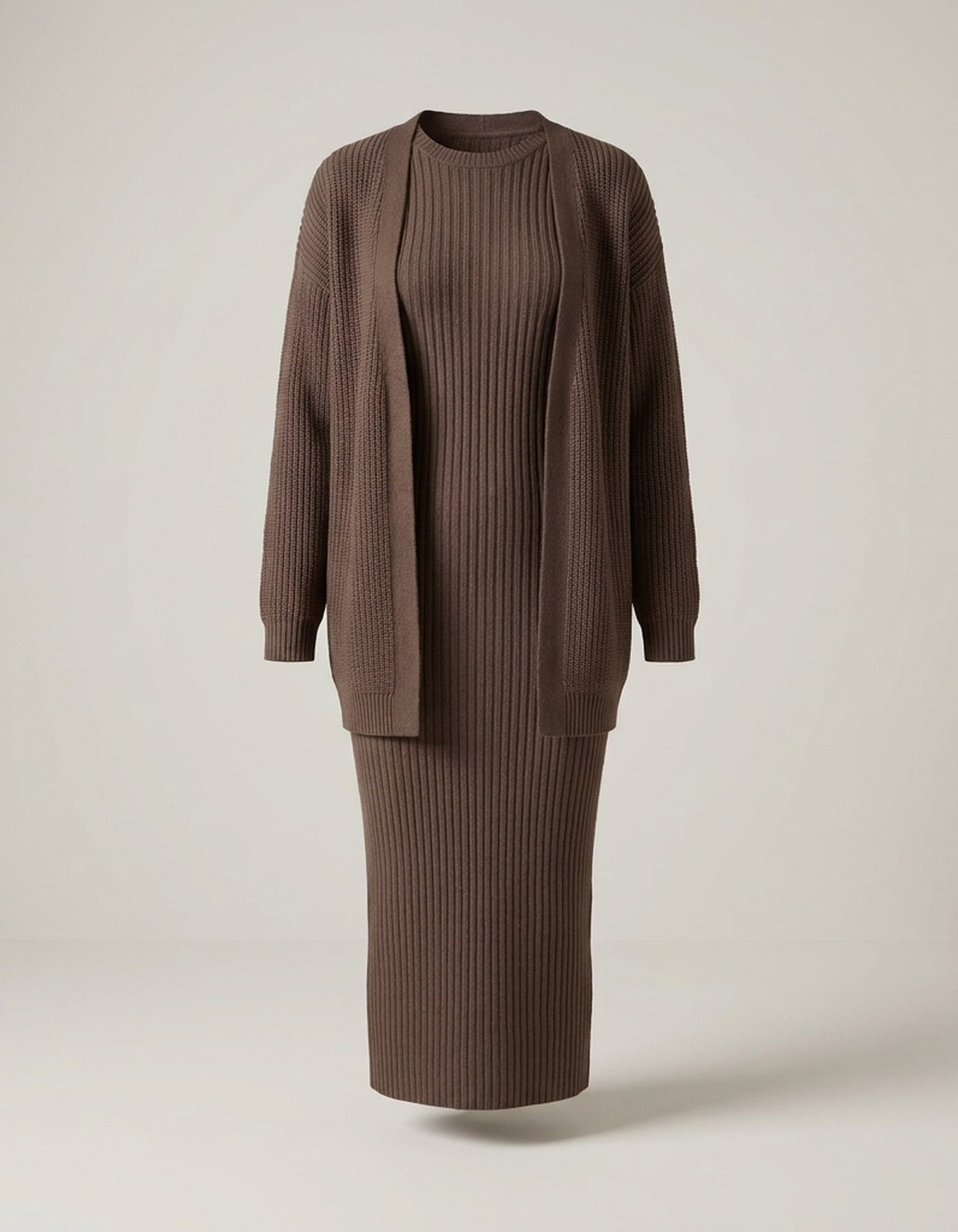 PLUXSTYLE::numise::slim-fit-cardigan-dress-set::pack-dark-brown