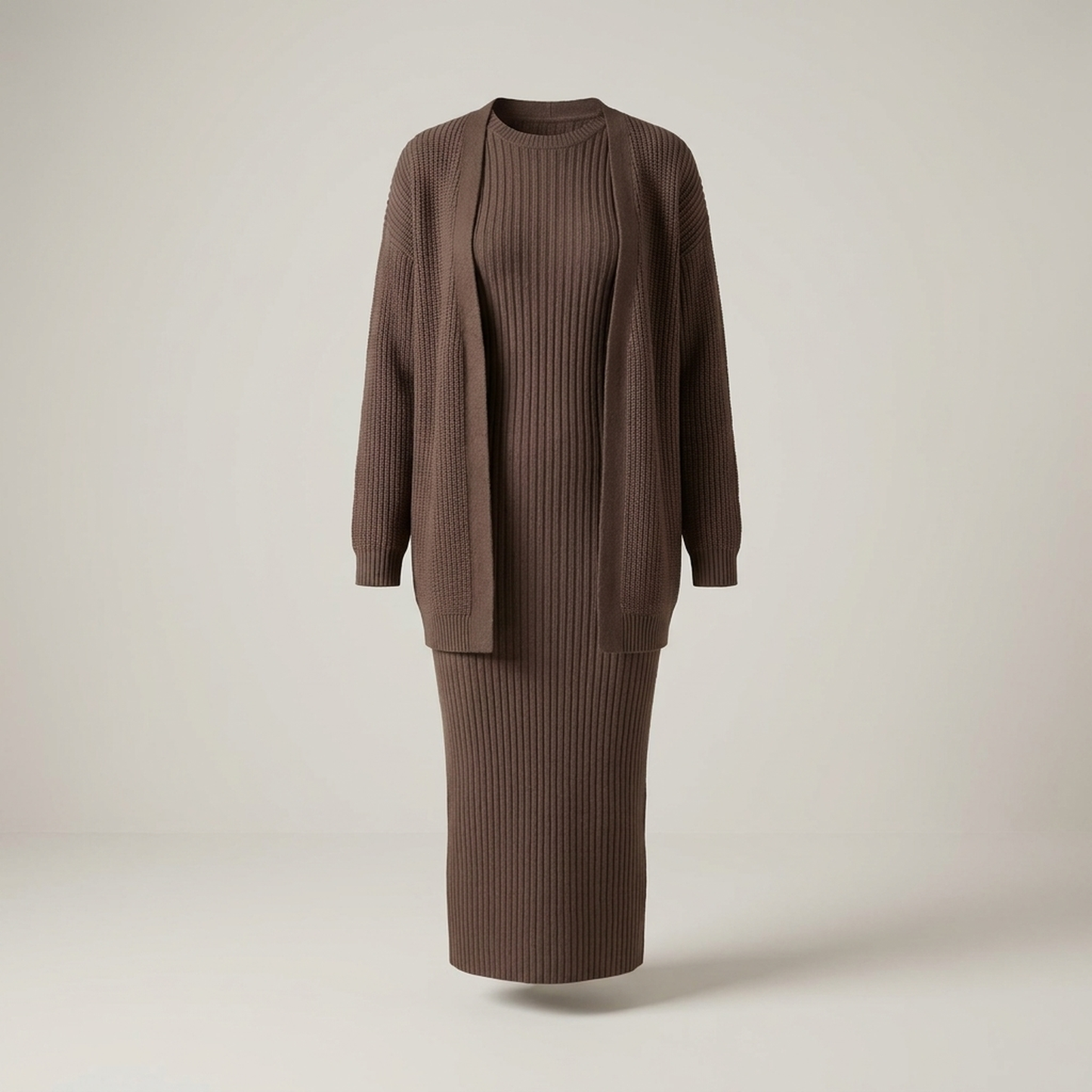 PLUXSTYLE::numise::slim-fit-cardigan-dress-set::pack-dark-brown