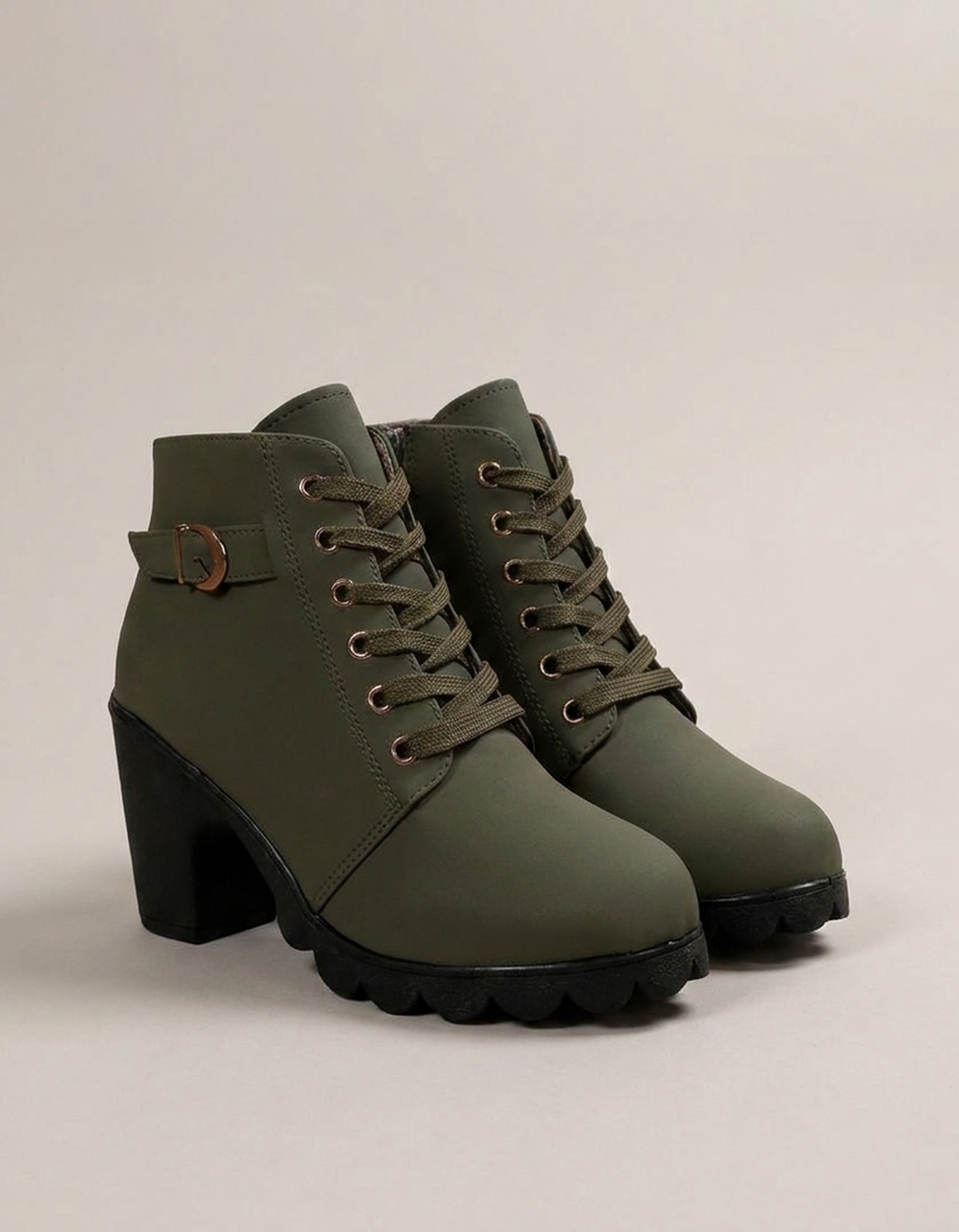 PLUXSTYLE::numise::buckle-chunky-heel-ankle-boots::pack-green