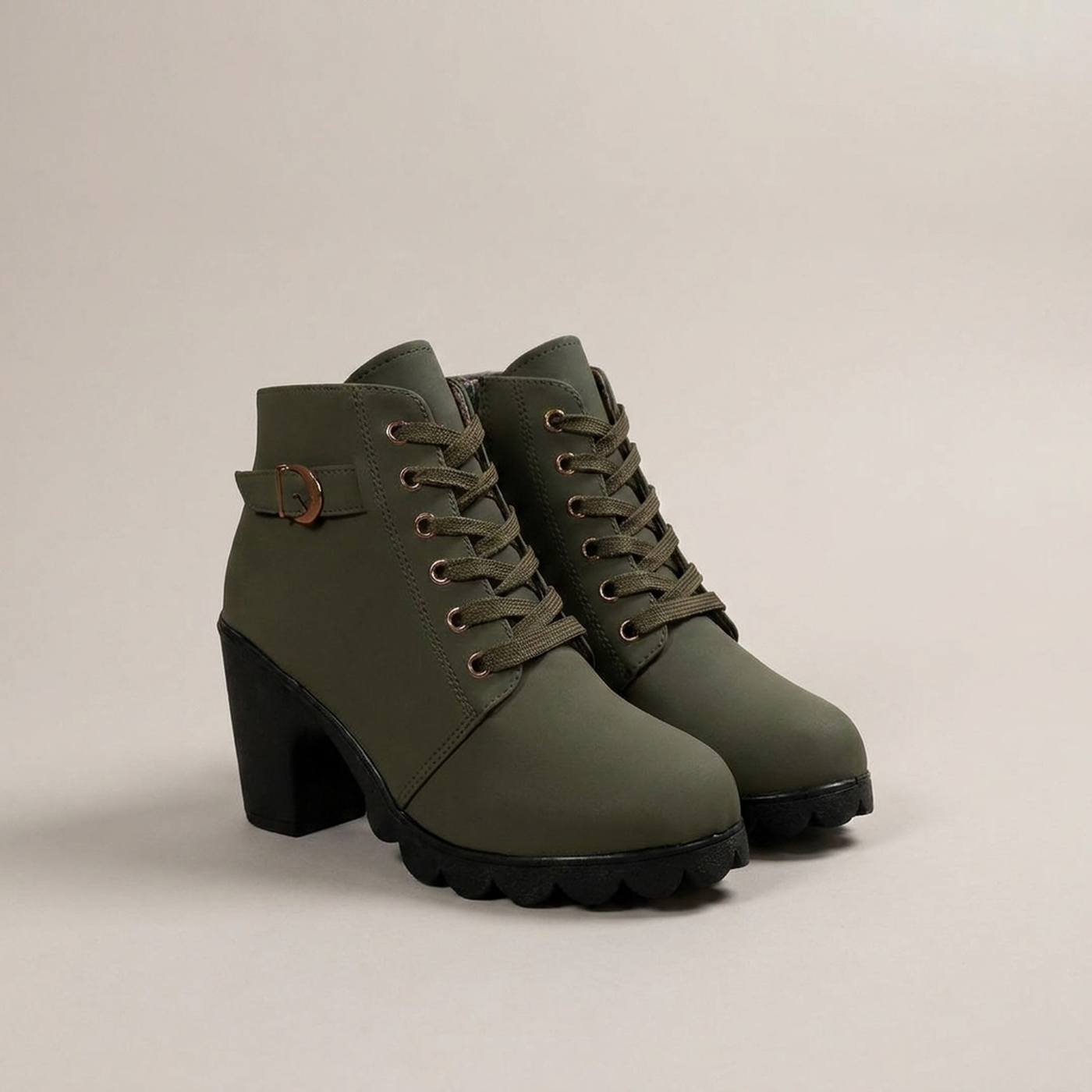 PLUXSTYLE::numise::buckle-chunky-heel-ankle-boots::pack-green