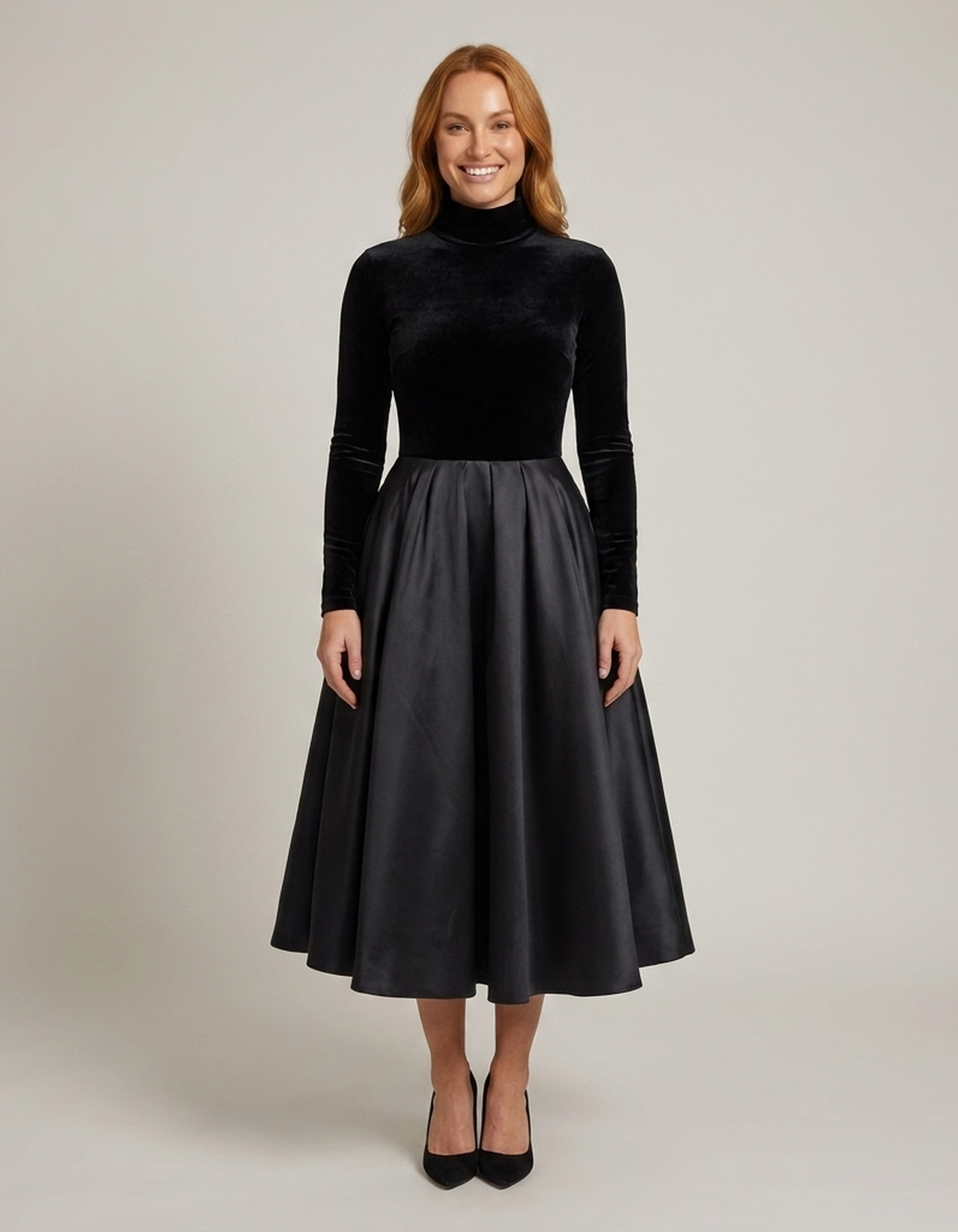 PLUXSTYLE::numise::aradia-black-fit-and-flare-midi-dress::front