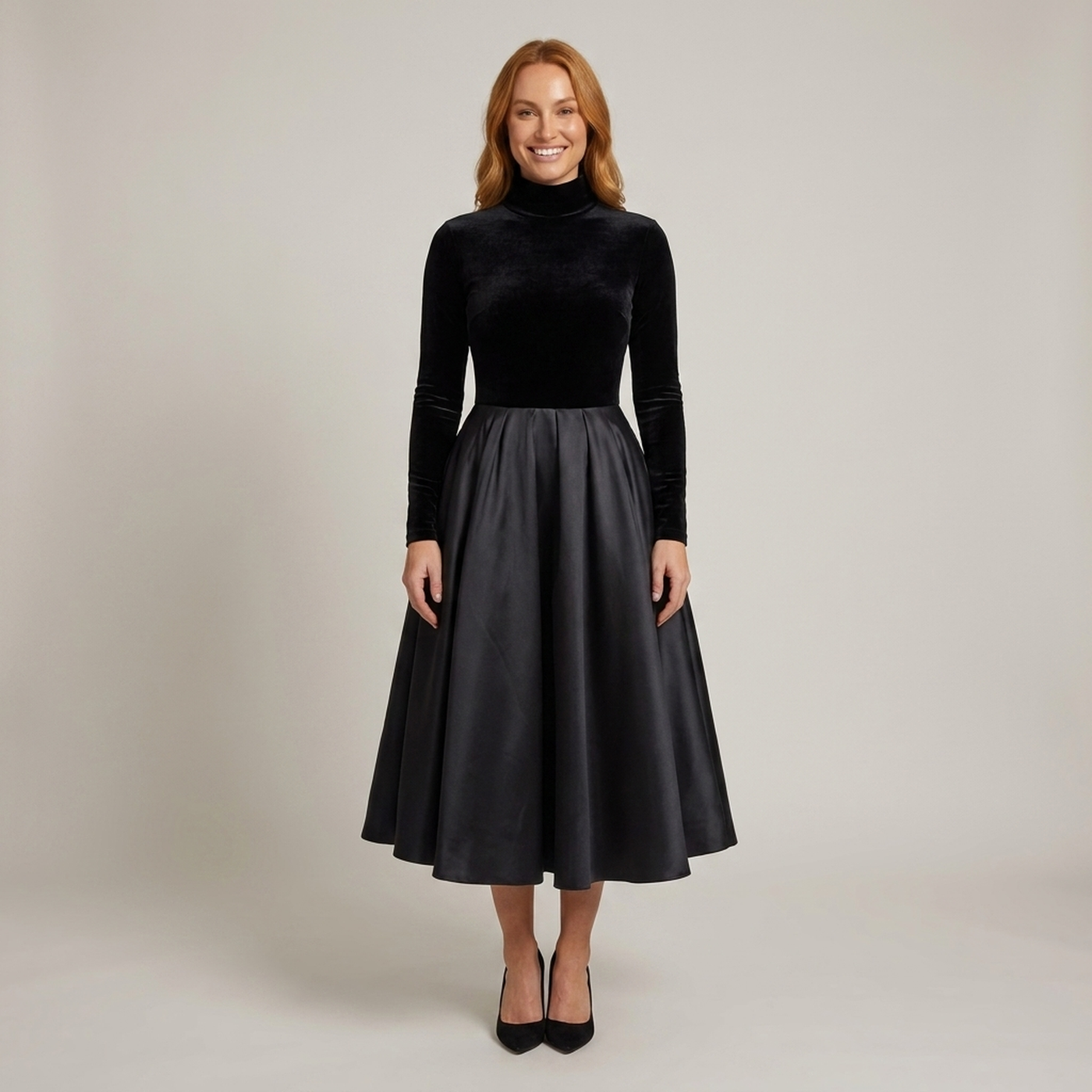 PLUXSTYLE::numise::aradia-black-fit-and-flare-midi-dress::front