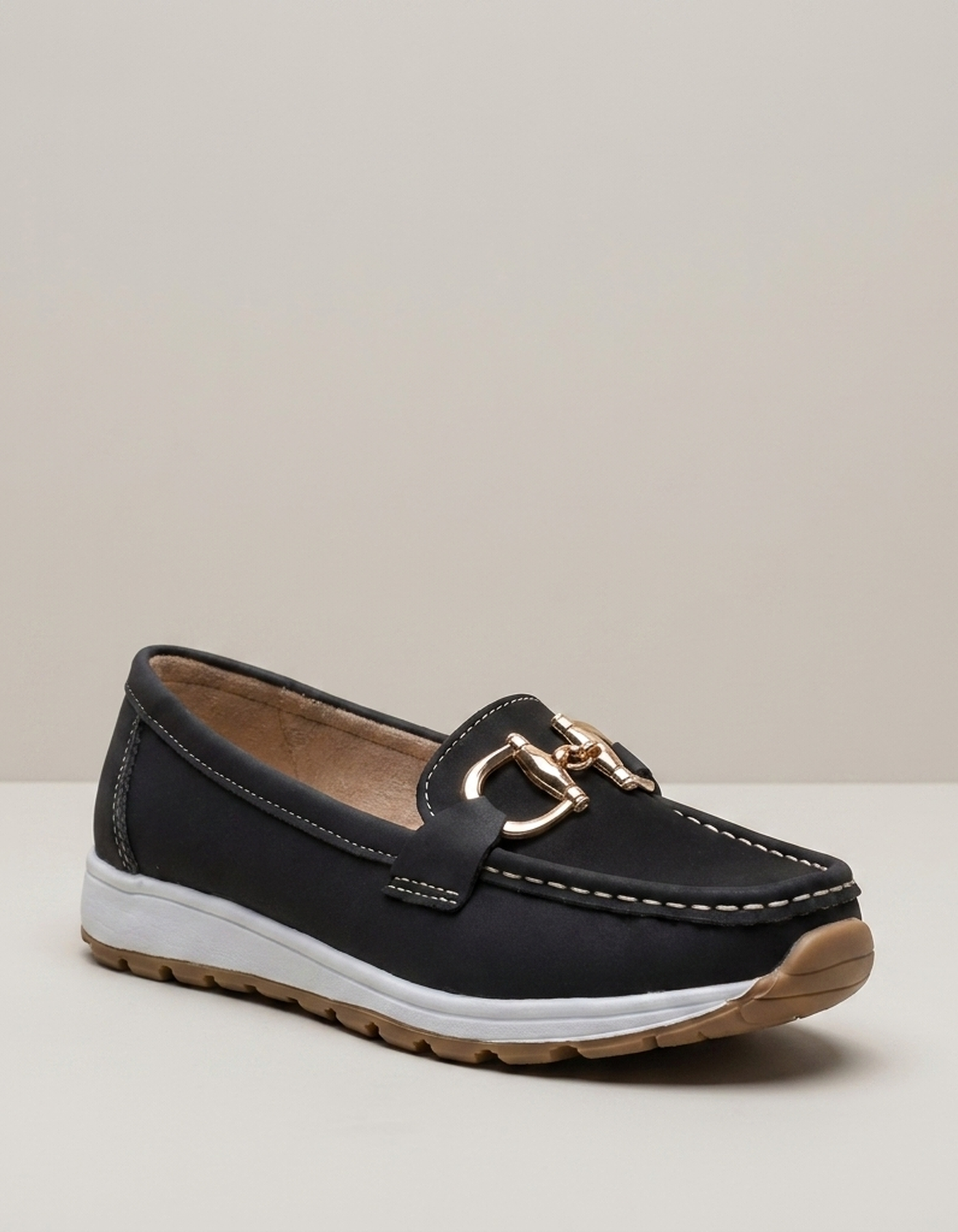 PLUXSTYLE::numise::ava-gold-buckle-comfort-loafers::closeup-hero
