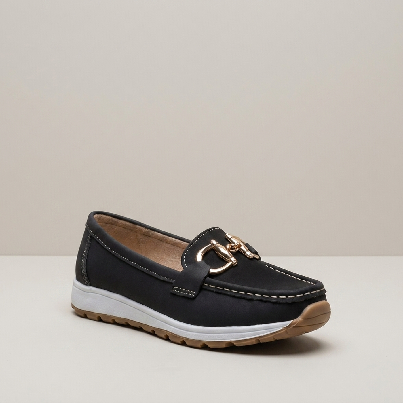 PLUXSTYLE::numise::ava-gold-buckle-comfort-loafers::closeup-hero