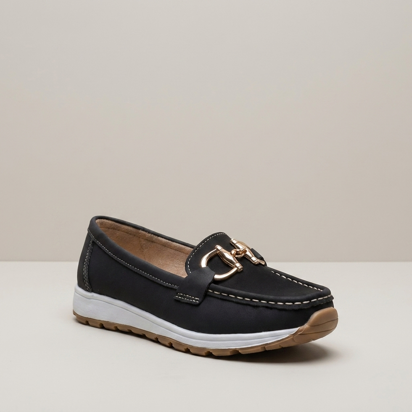PLUXSTYLE::numise::ava-gold-buckle-comfort-loafers::closeup-hero