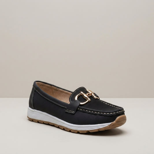 PLUXSTYLE::numise::ava-gold-buckle-comfort-loafers::closeup-hero