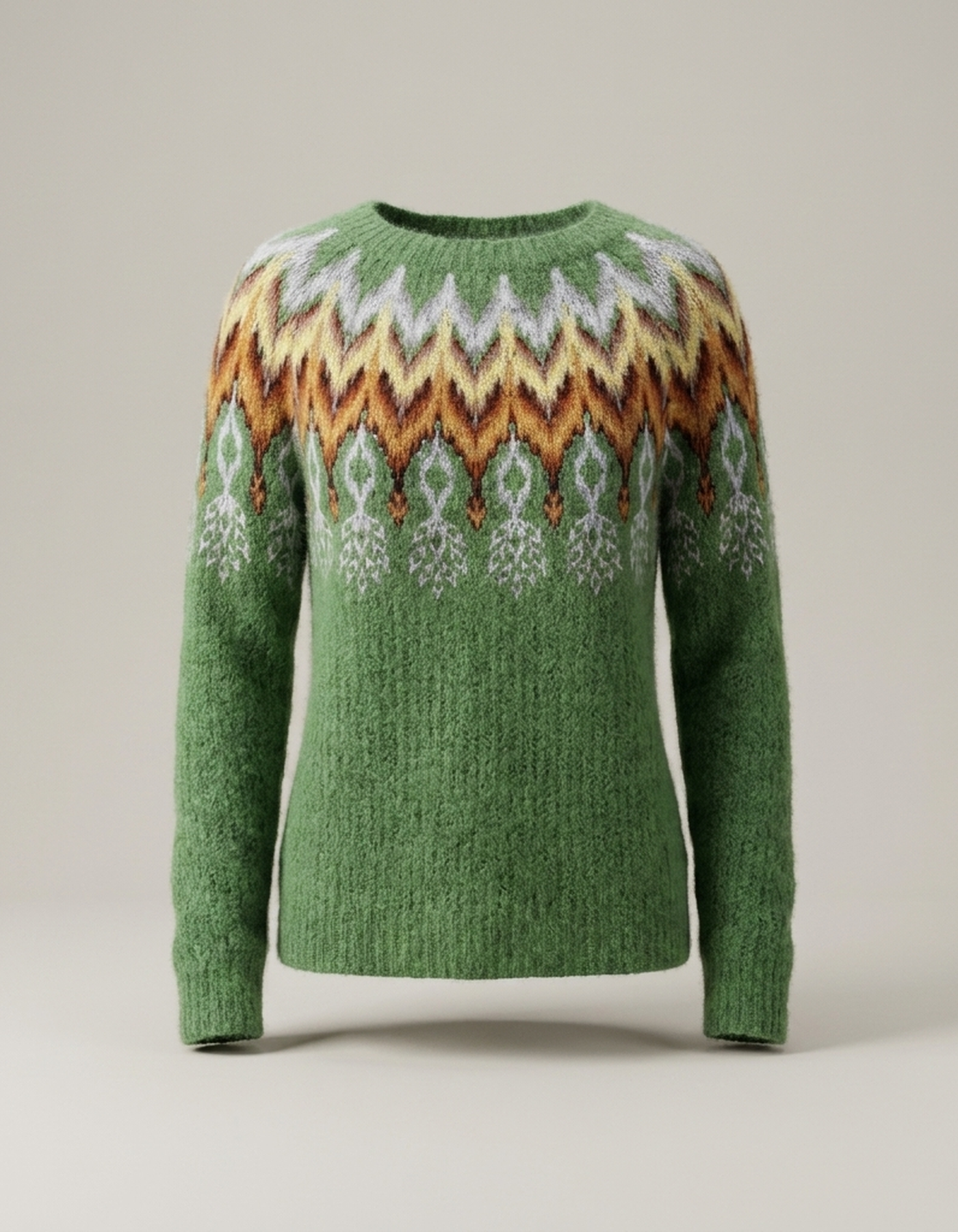 PLUXSTYLE::numise::fair-isle-crewneck-sweater::pack-green-feather-print