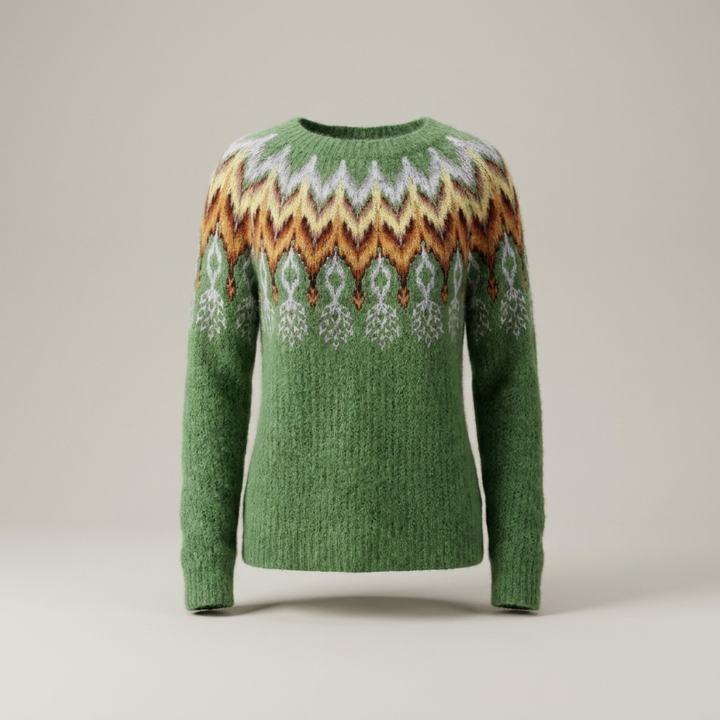 PLUXSTYLE::numise::fair-isle-crewneck-sweater::pack-green-feather-print