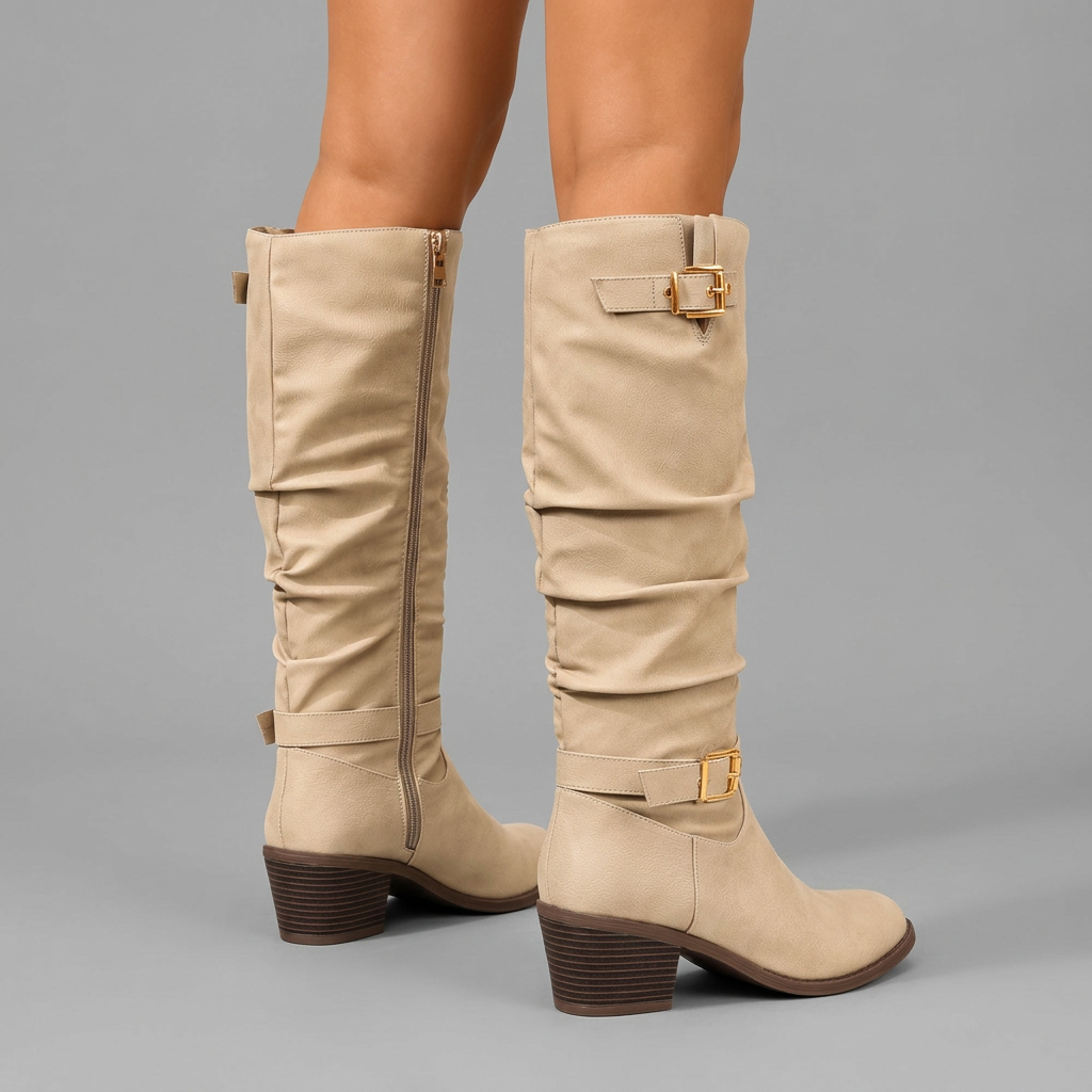 Kniehohe Stiefel mit doppelter Schnalle