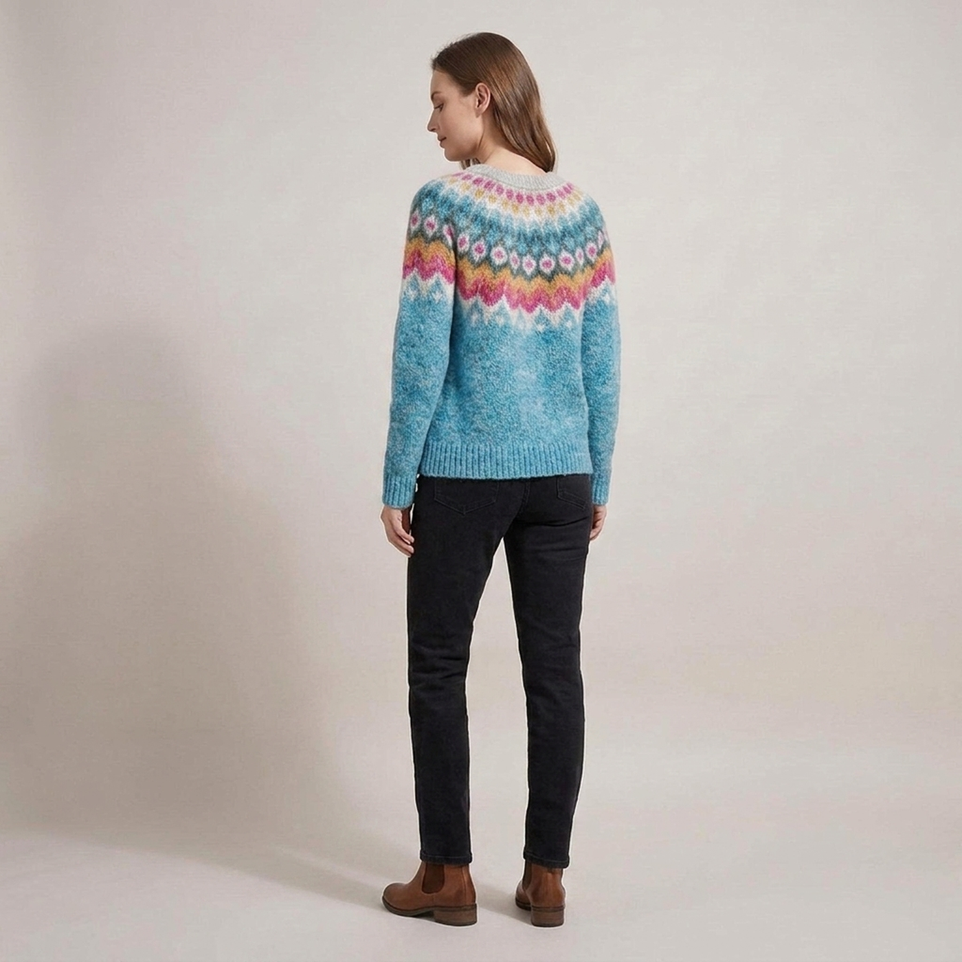 PLUXSTYLE::numise::blue-fair-isle-crew-neck-sweater::back