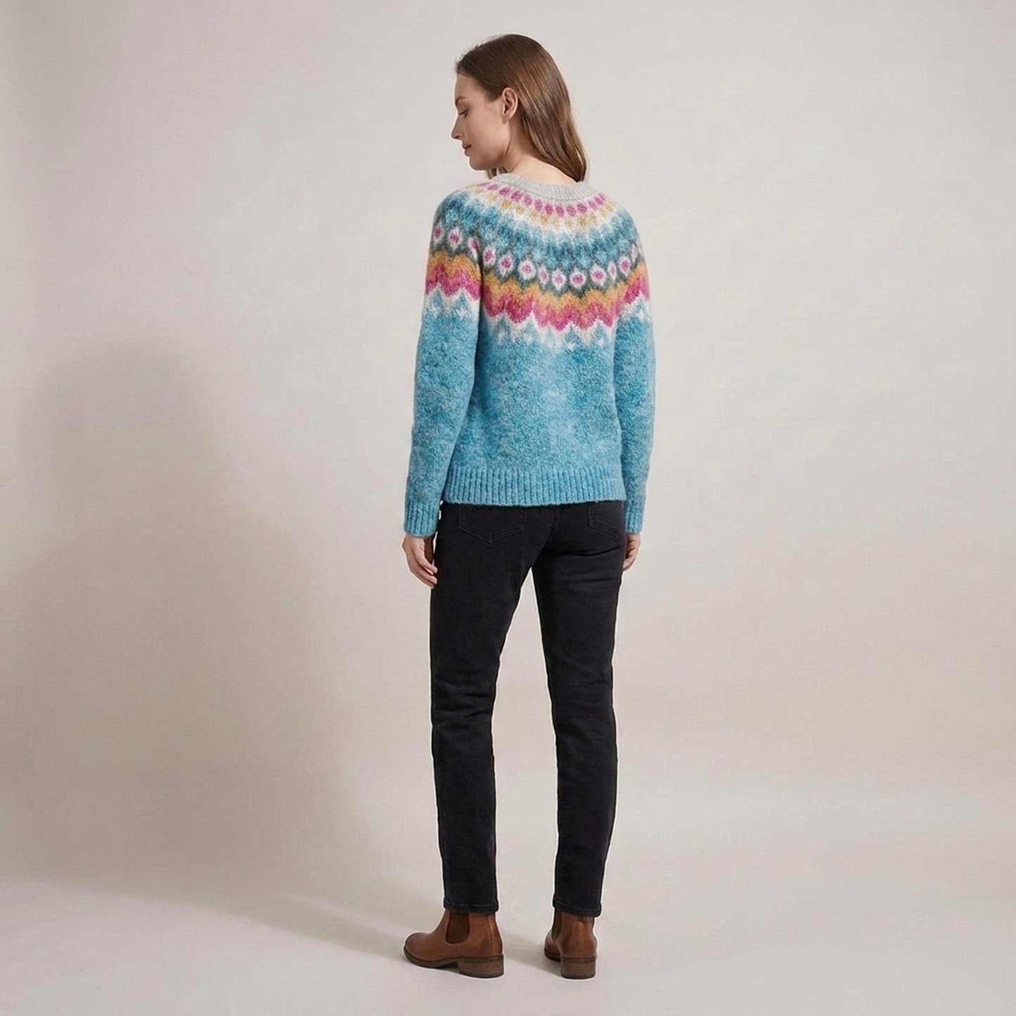 PLUXSTYLE::numise::blue-fair-isle-crew-neck-sweater::back