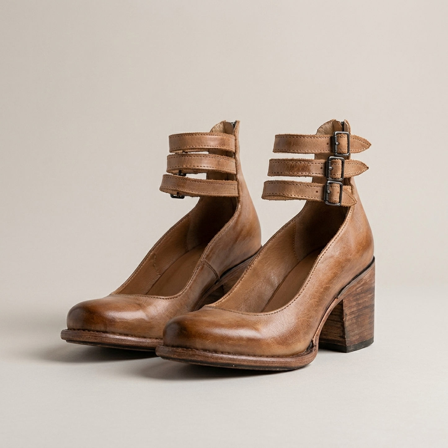 PLUXSTYLE::numise::strappy-block-heel-ankle-boots::pack-light-brown