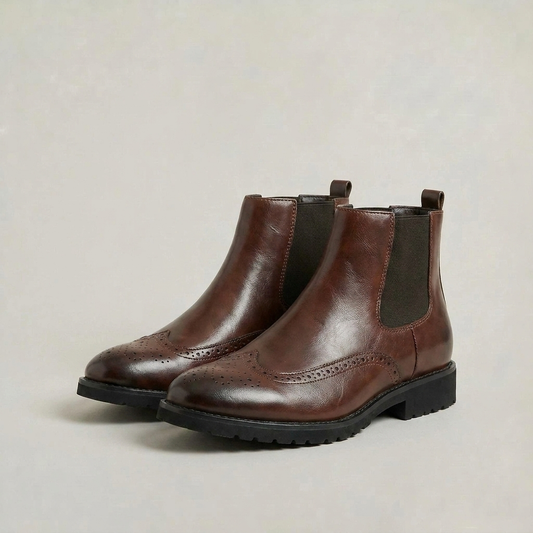 PLUXSTYLE::numise::mens-wingtip-chelsea-boots::closeup-detail