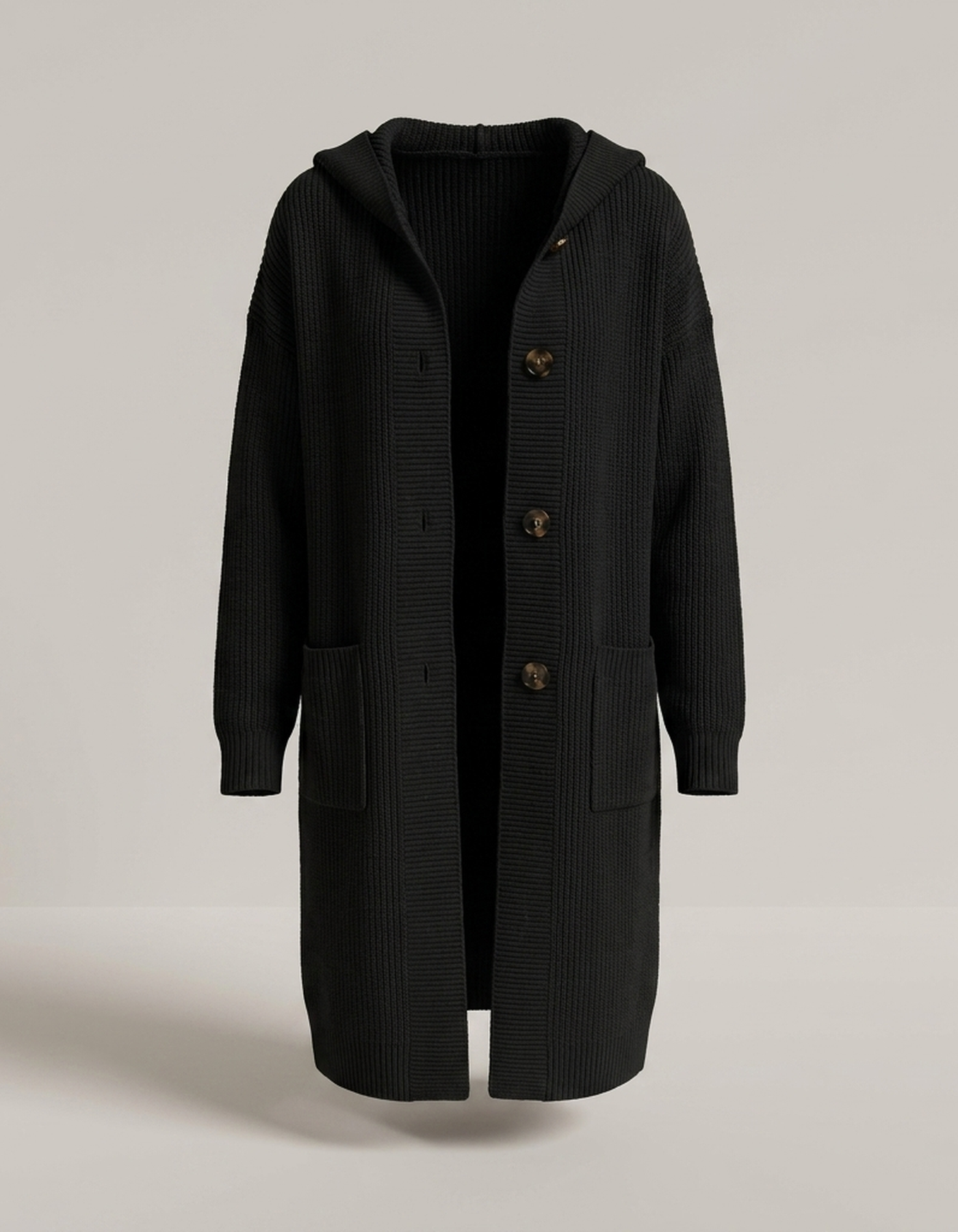 PLUXSTYLE::numise::longline-hooded-cardigan::pack-black