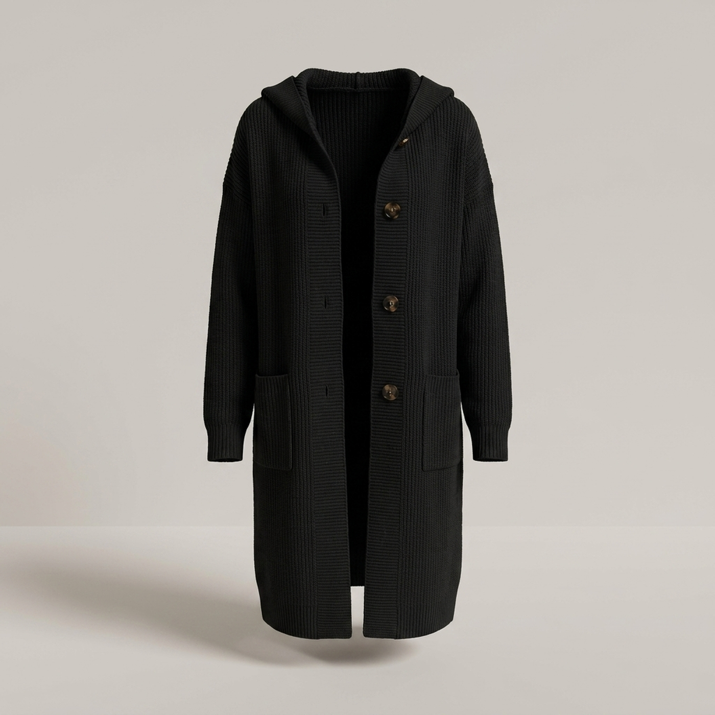 PLUXSTYLE::numise::longline-hooded-cardigan::pack-black