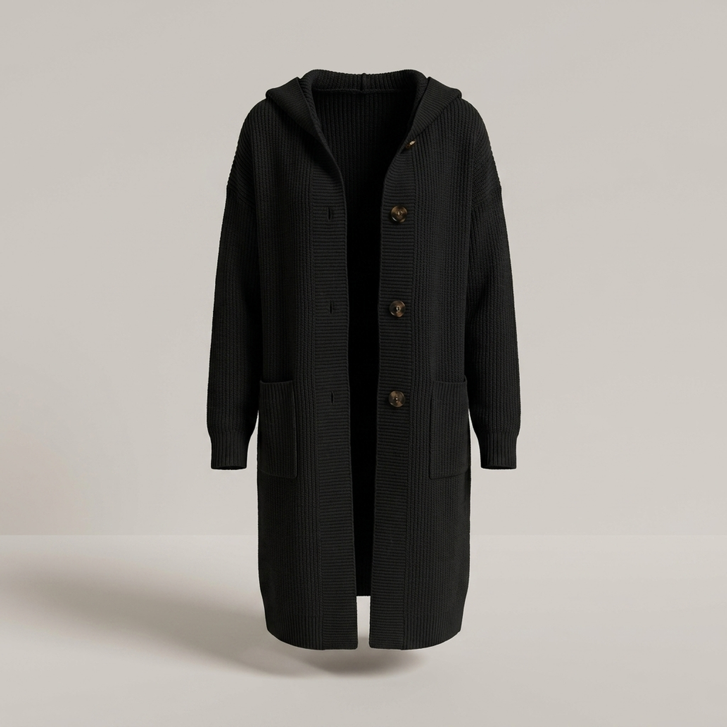 PLUXSTYLE::numise::longline-hooded-cardigan::pack-black