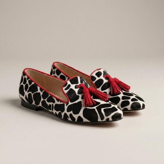 PLUXSTYLE::numise::animal-print-loafers-with-red-trim::closeup-detail
