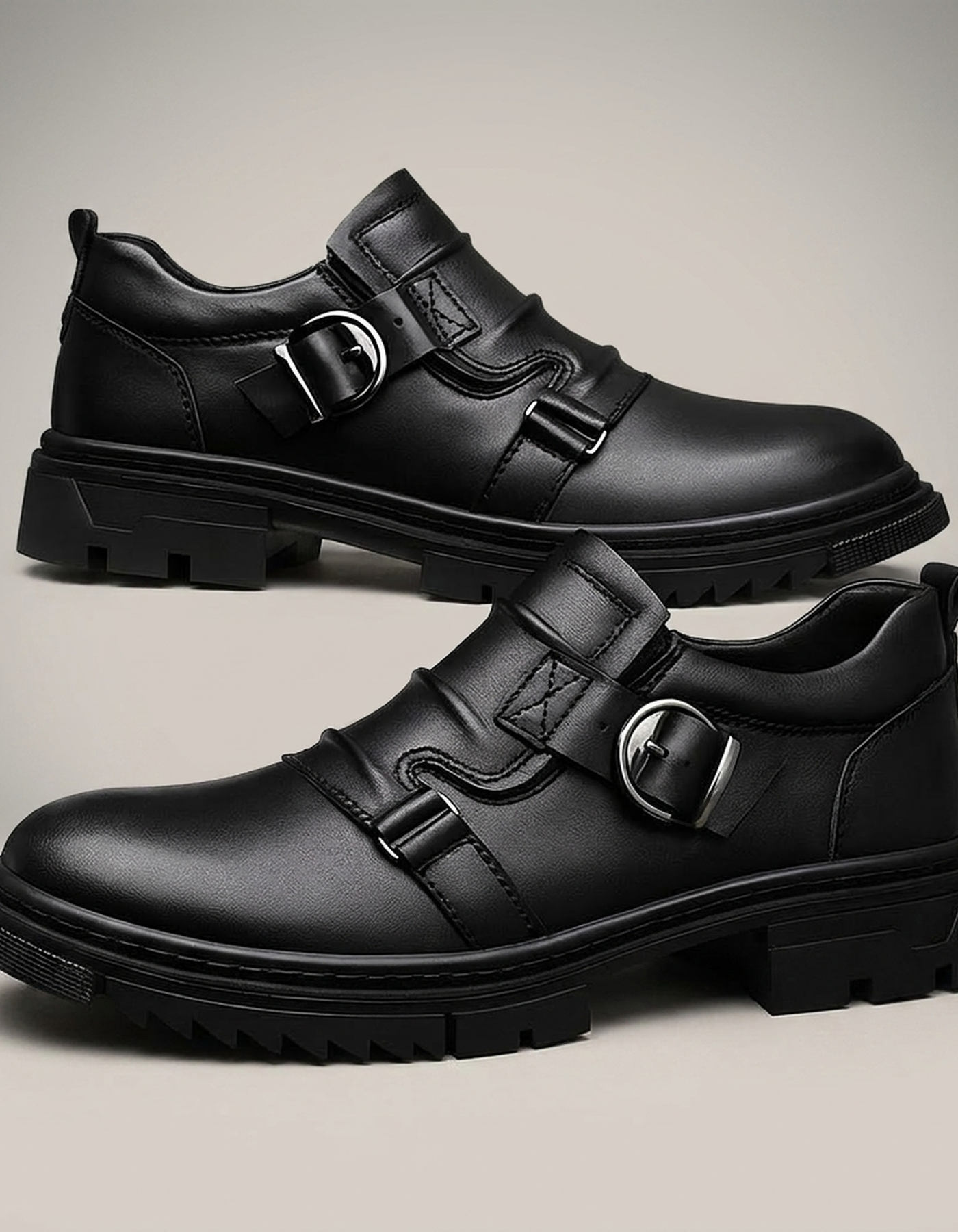 PLUXSTYLE::numise::mens-dual-buckle-lug-sole-footwear::pack-black