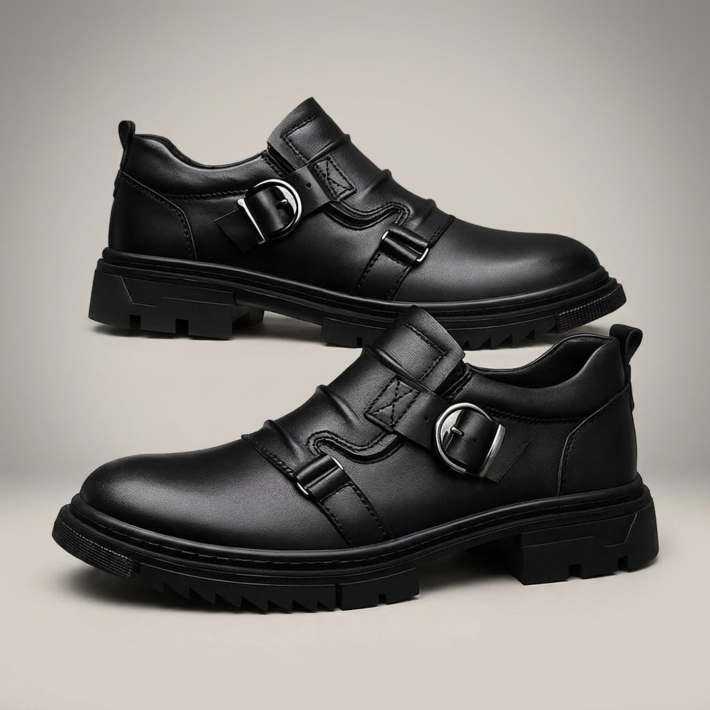 PLUXSTYLE::numise::mens-dual-buckle-lug-sole-footwear::pack-black