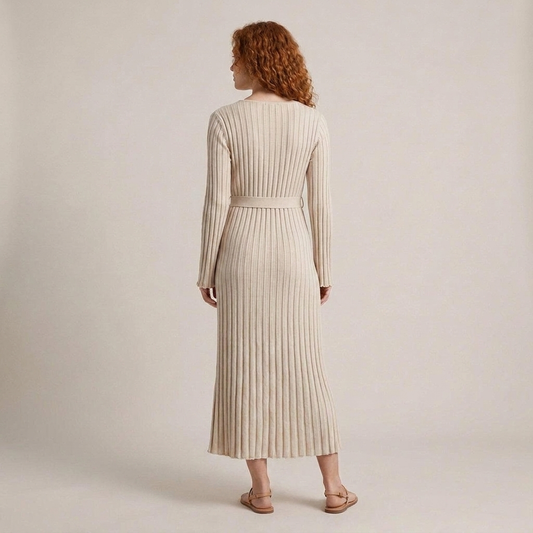 PLUXSTYLE::numise::v-neck-tie-waist-midi-dress::back