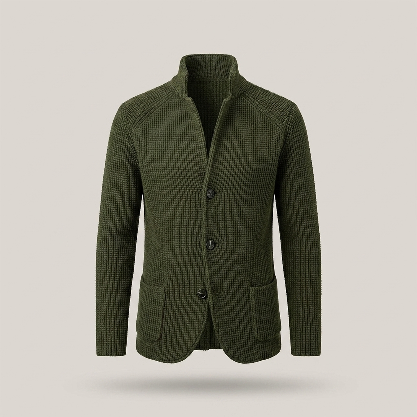 PLUXSTYLE::numise::stand-collar-button-cardigan::pack-dark-green
