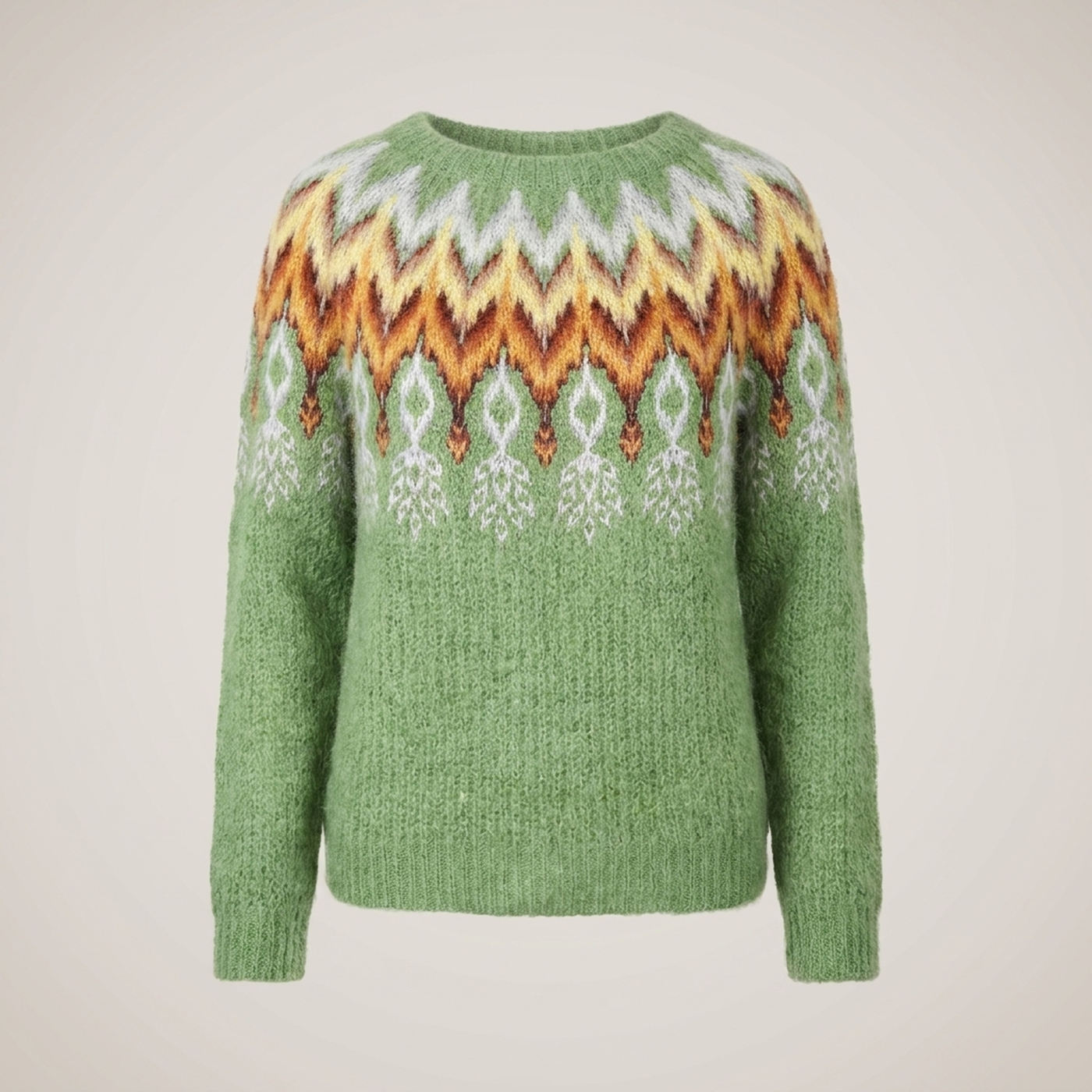 PLUXSTYLE::numise::relaxed-fair-isle-pullover-sweater::pack-light-green