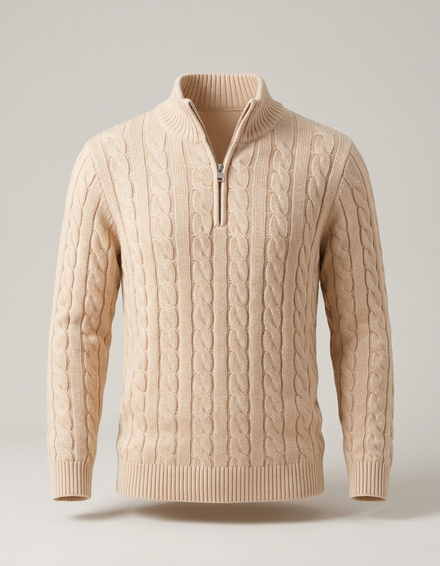 PLUXSTYLE::numise::mens-cable-zip-neck-sweater::pack-beige