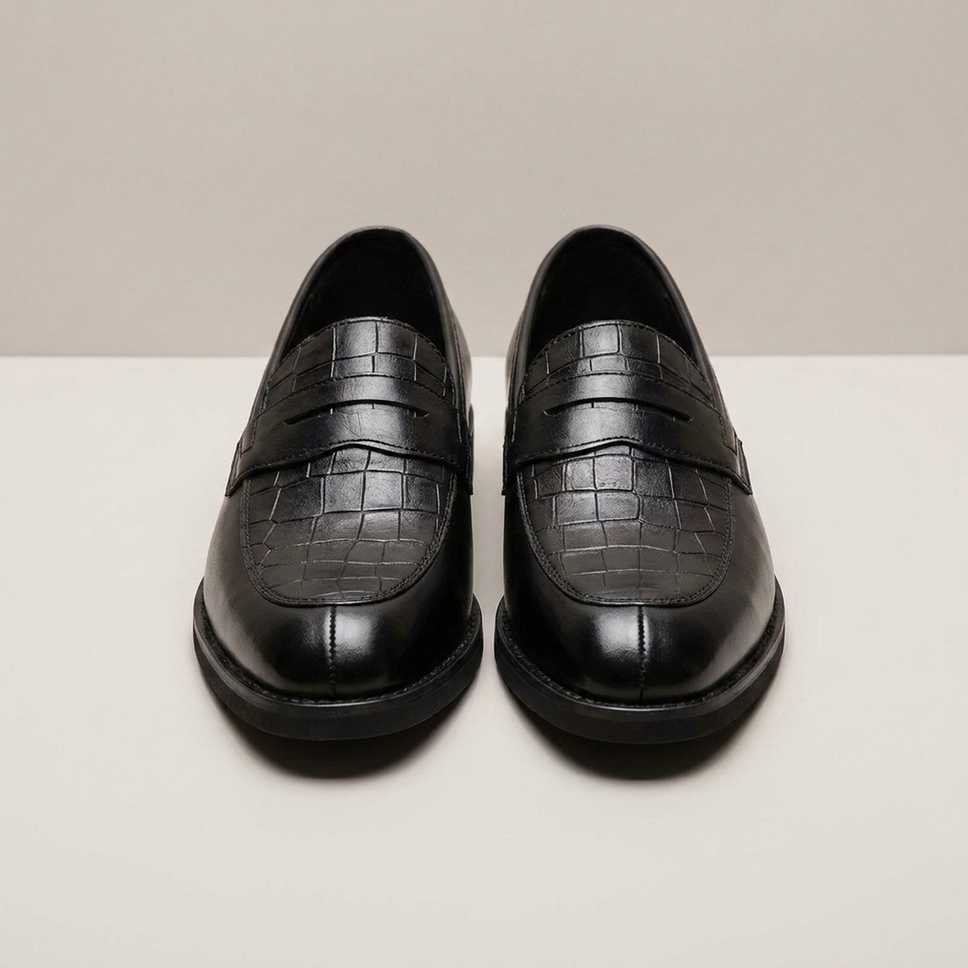 PLUXSTYLE::numise::mens-croc-embossed-penny-loafers::pack-black