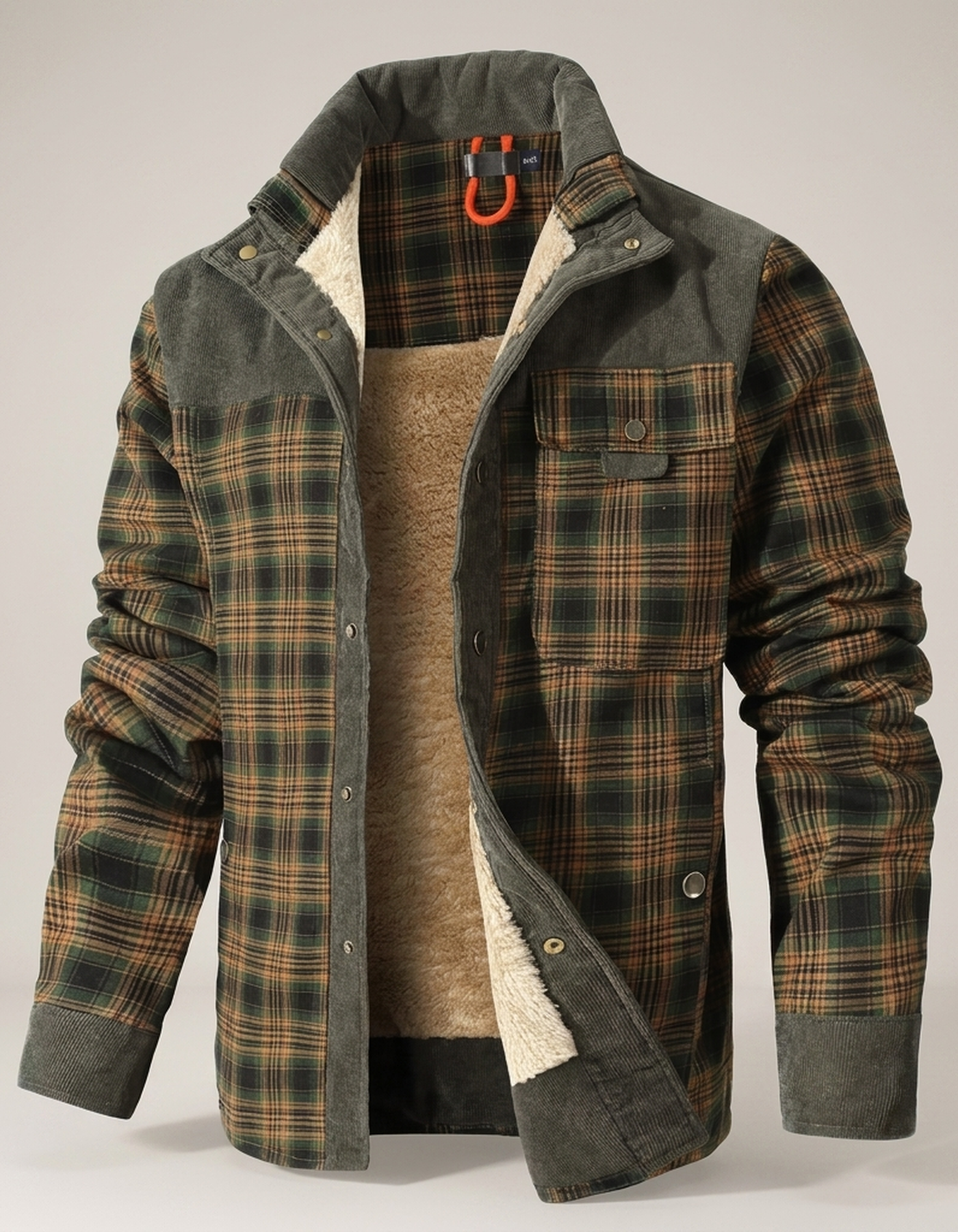 PLUXSTYLE::numise::mens-relaxed-fit-plaid-parka::pack-green-and-tan