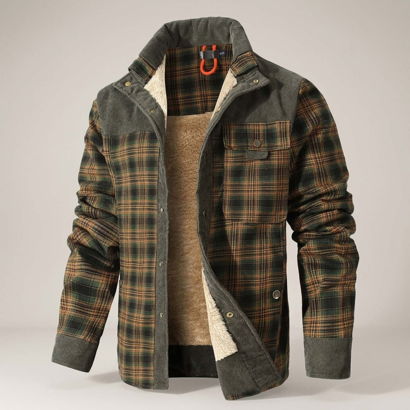 PLUXSTYLE::numise::mens-relaxed-fit-plaid-parka::pack-green-and-tan