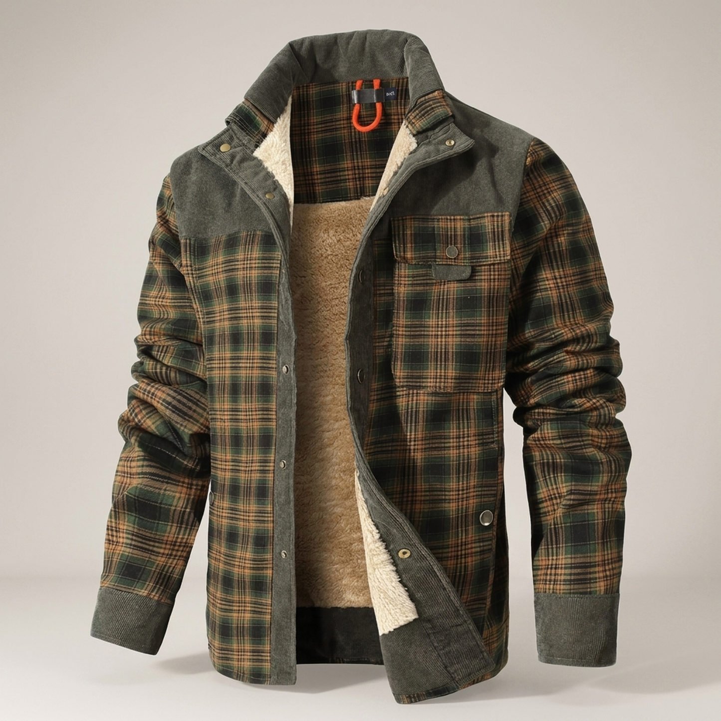 PLUXSTYLE::numise::mens-relaxed-fit-plaid-parka::pack-green-and-tan