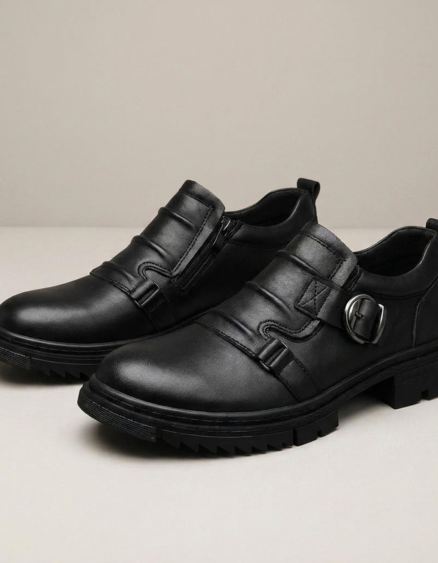 PLUXSTYLE::numise::mens-dual-buckle-lug-sole-footwear::closeup-detail