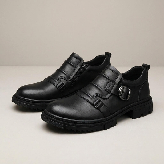 PLUXSTYLE::numise::mens-dual-buckle-lug-sole-footwear::closeup-detail