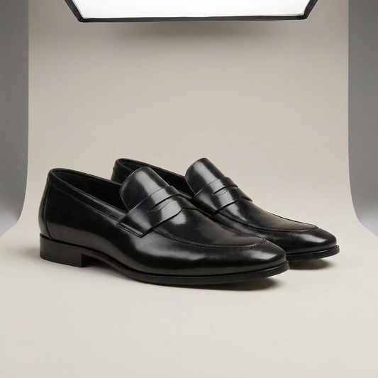 PLUXSTYLE::numise::mens-square-toe-penny-loafers::closeup-detail