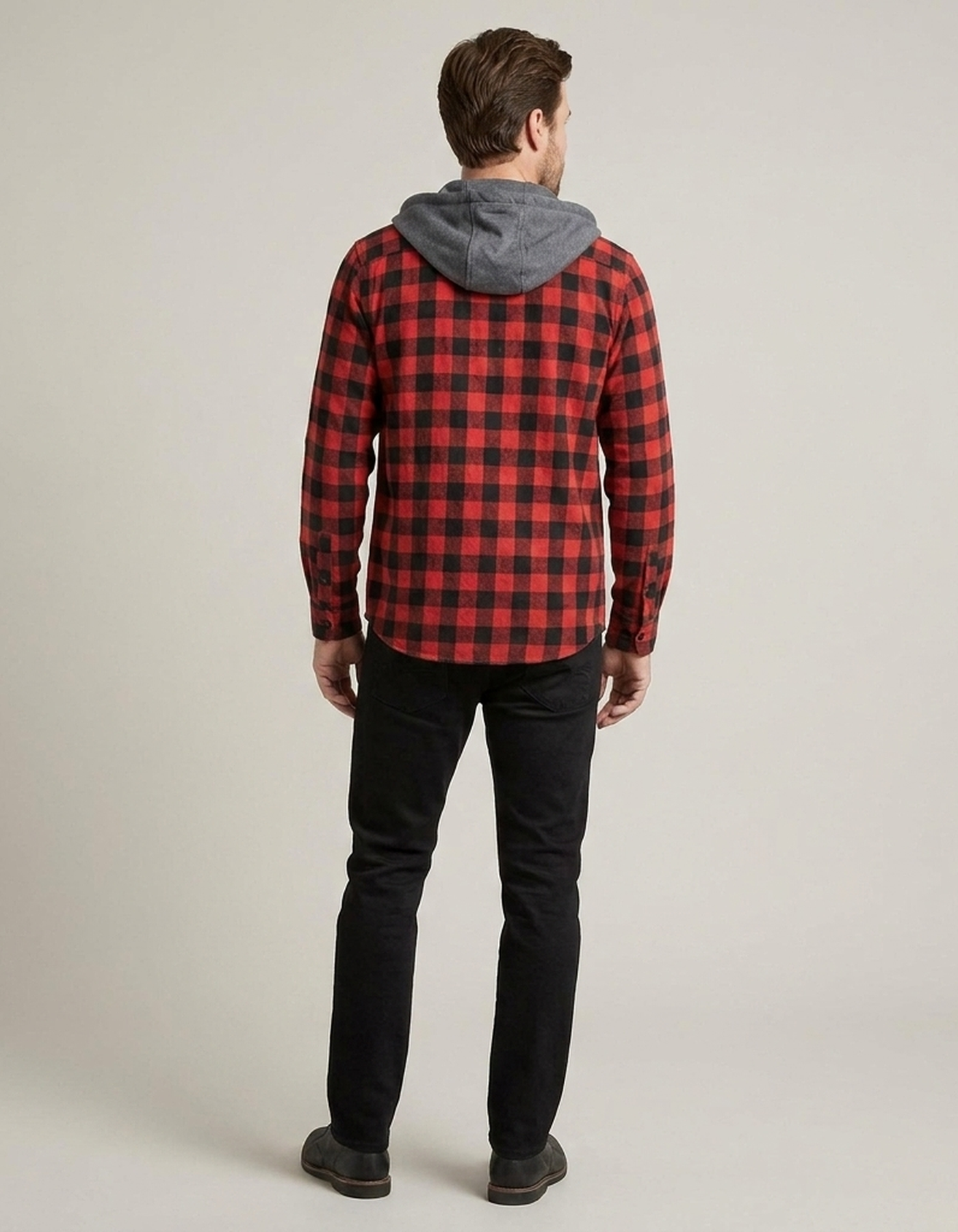 PLUXSTYLE::numise::mens-relaxed-hooded-plaid-top::back