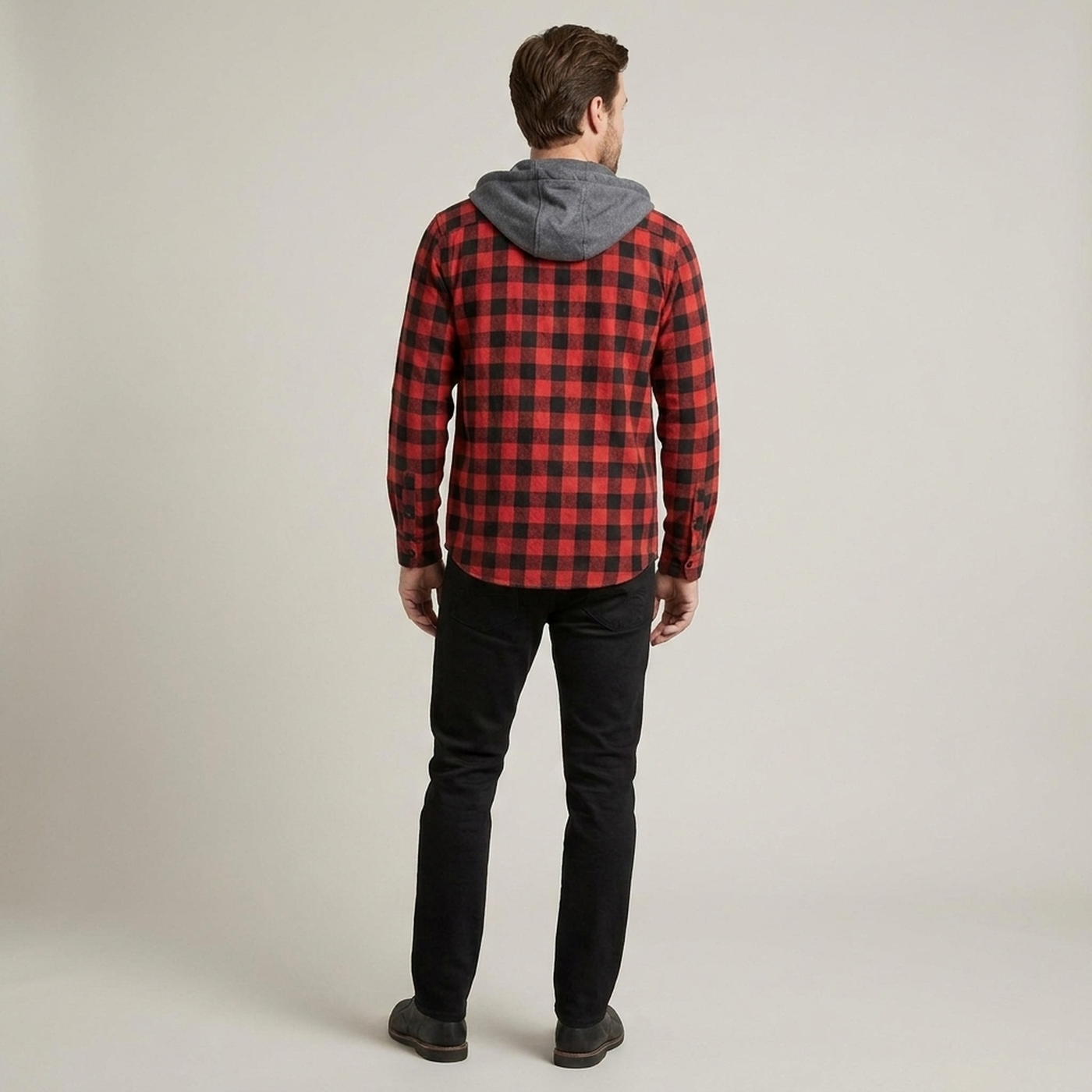 PLUXSTYLE::numise::mens-relaxed-hooded-plaid-top::back