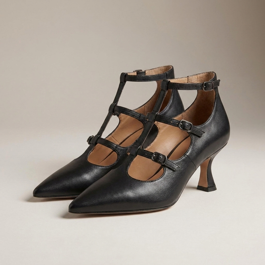 PLUXSTYLE::numise::pointed-t-bar-mid-heel-footwear::closeup-detail
