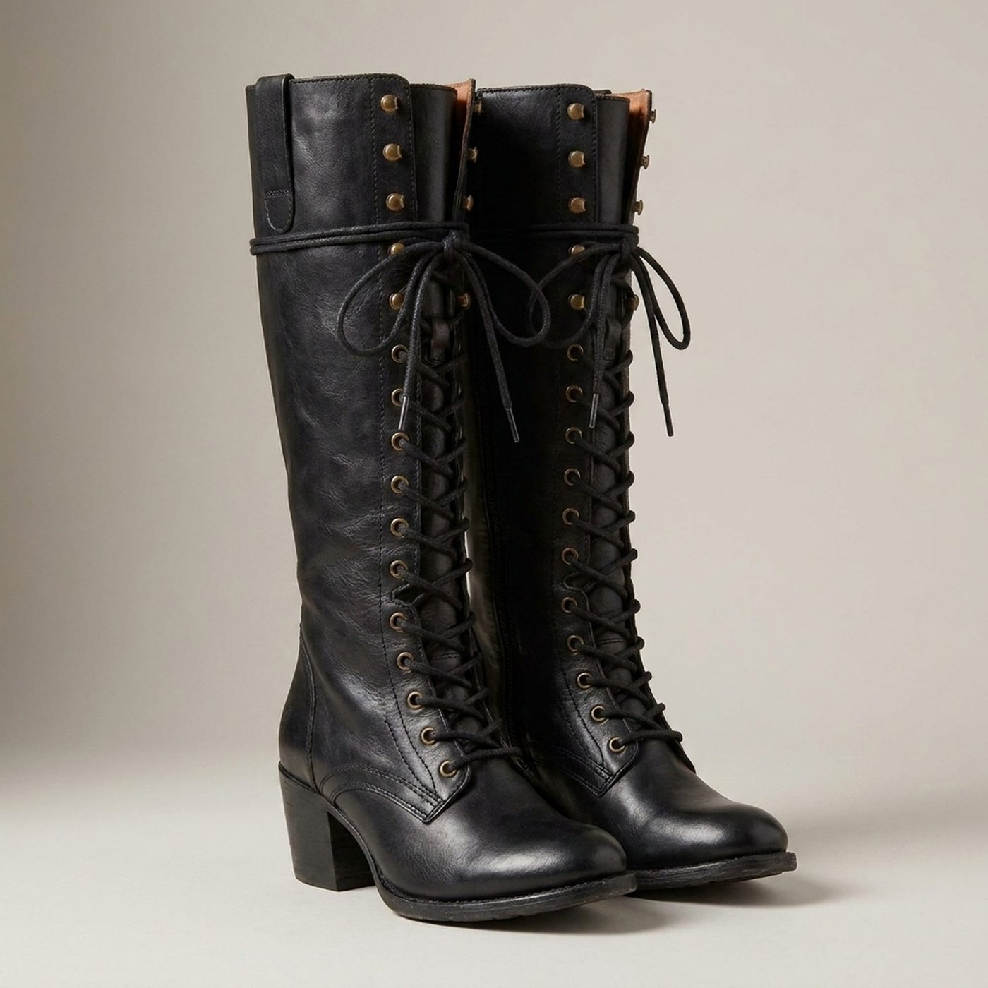 PLUXSTYLE::numise::womens-lace-up-knee-high-boots::closeup-detail