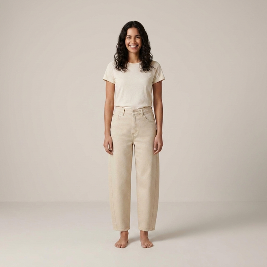 PLUXSTYLE::numise::akari-beige-barrel-leg-jeans::front
