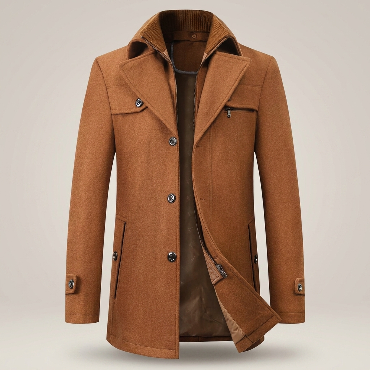PLUXSTYLE::numise::mens-stand-collar-business-parka::pack-brown
