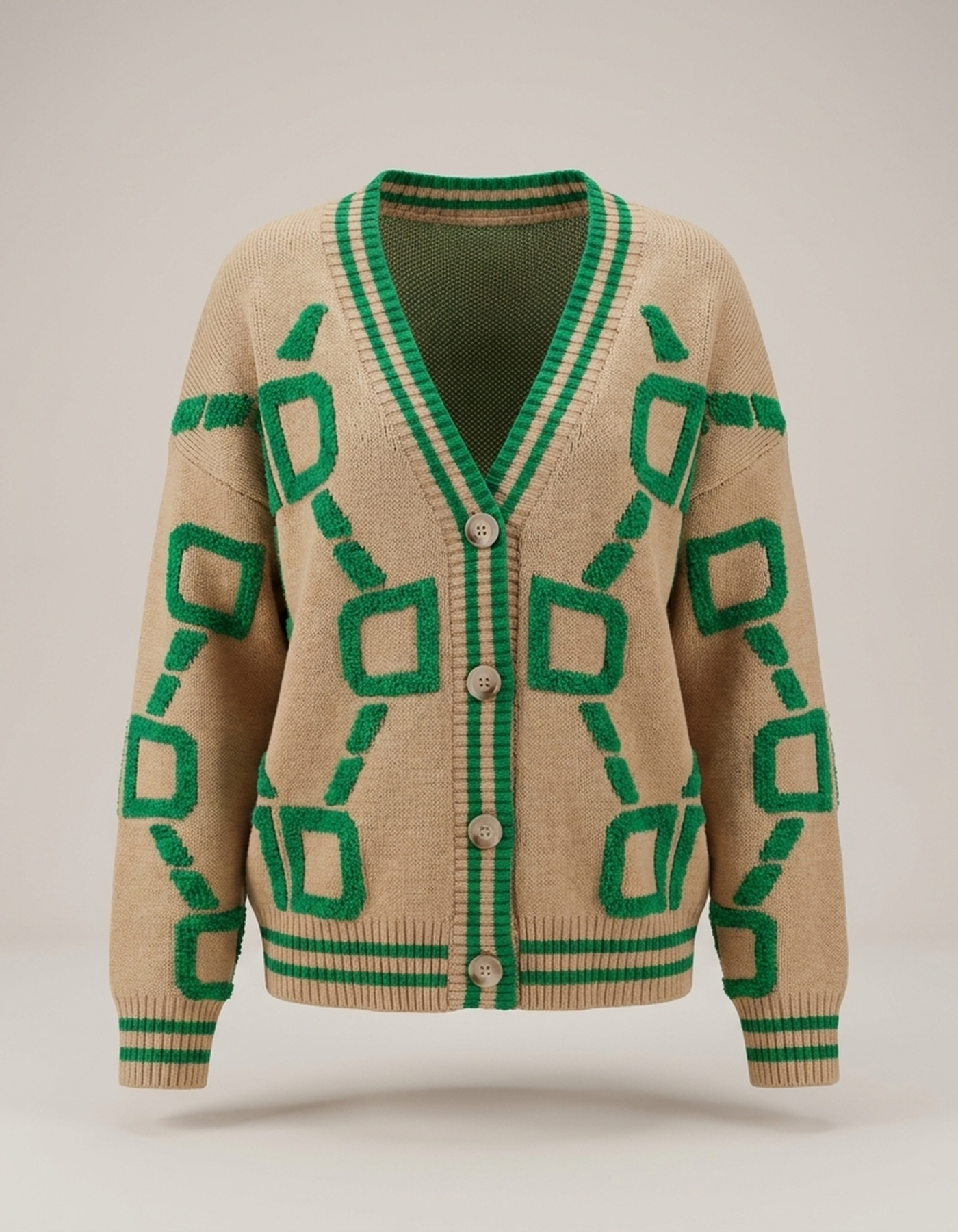 PLUXSTYLE::numise::geometric-v-neck-cardigan::pack-khaki