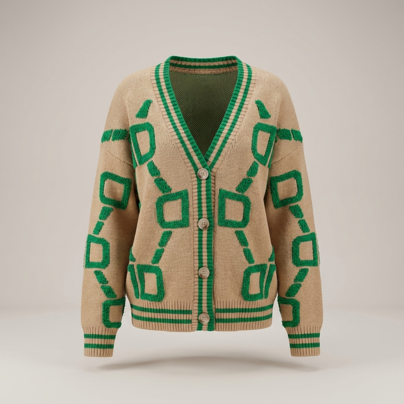 PLUXSTYLE::numise::geometric-v-neck-cardigan::pack-khaki
