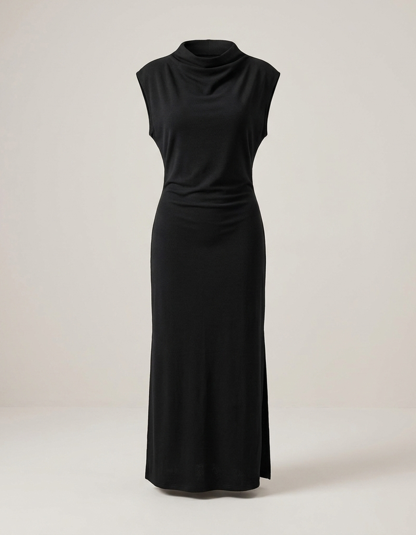 PLUXSTYLE::numise::sleeveless-draped-neck-midi-dress::pack-black