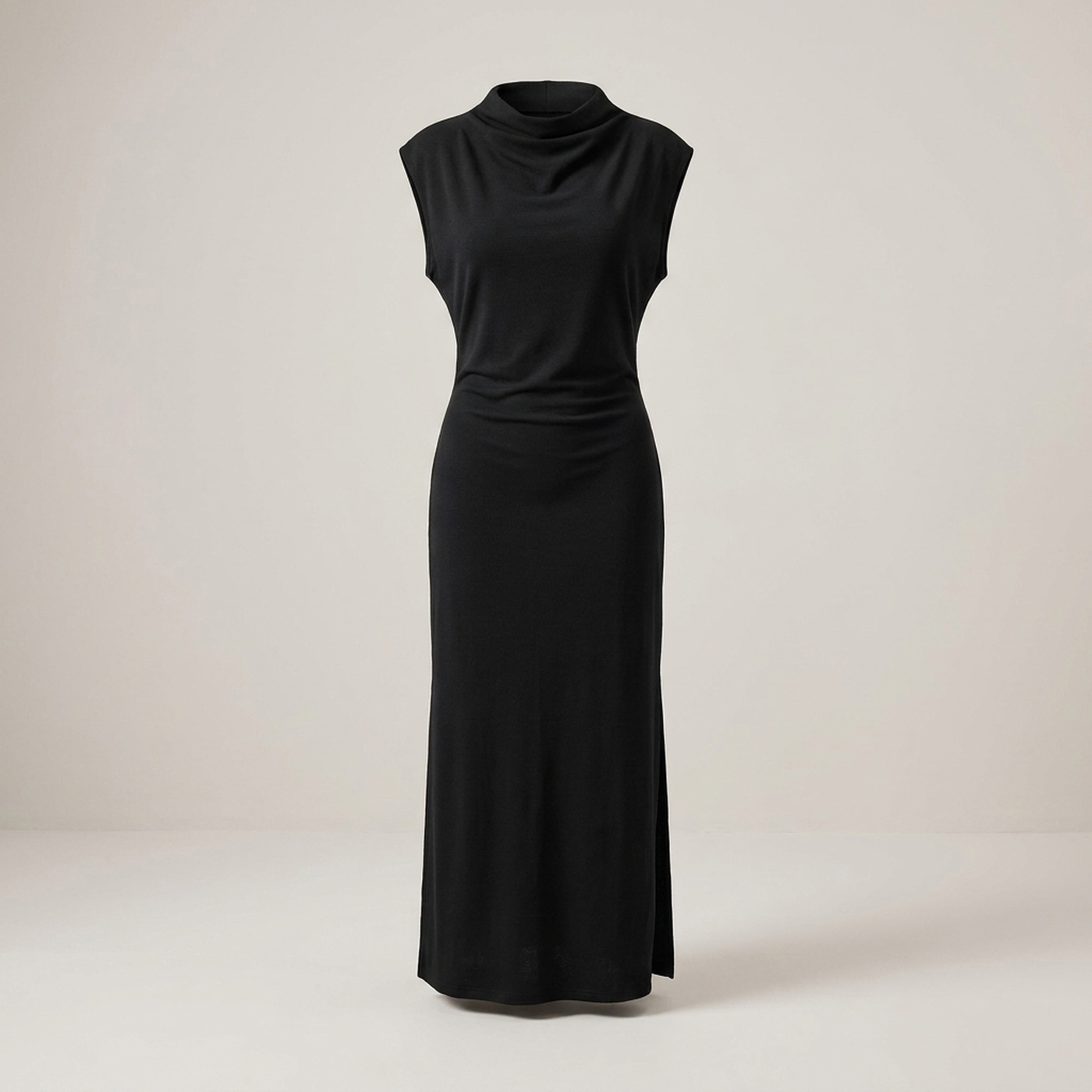 PLUXSTYLE::numise::sleeveless-draped-neck-midi-dress::pack-black